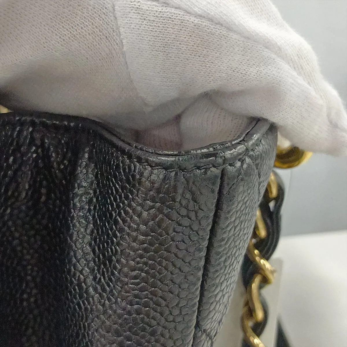 GST Caviar Skin Chain Tote Bag, Black with Gold Hardware — view 14