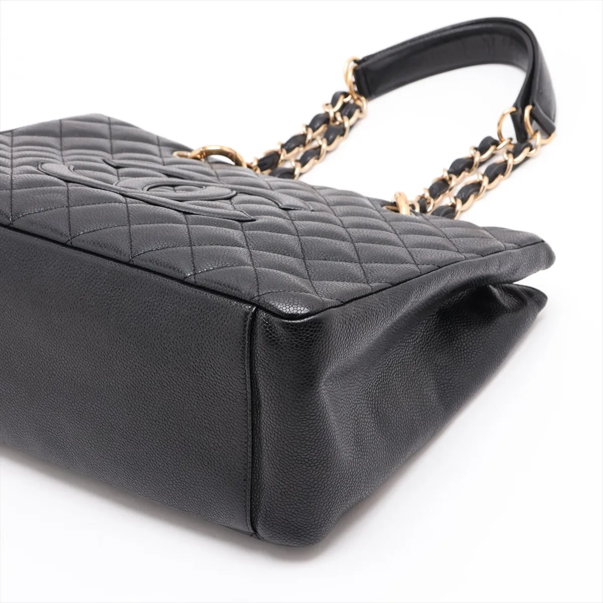 GST Caviar Skin Chain Tote Bag, Black with Gold Hardware — view 3