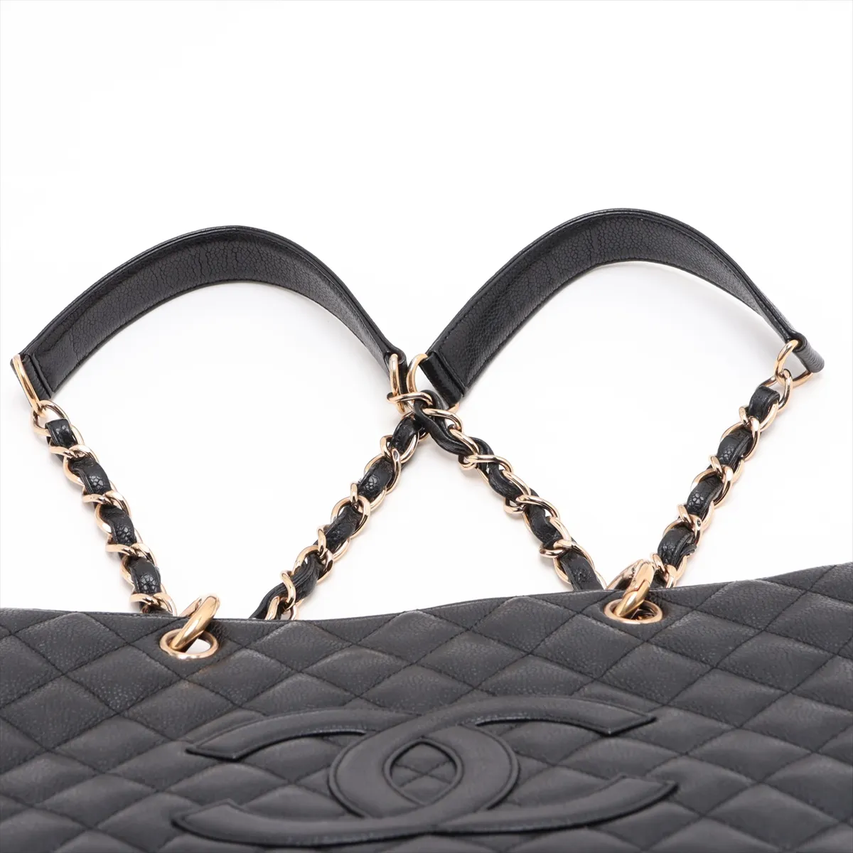 GST Caviar Skin Chain Tote Bag, Black with Gold Hardware — view 6