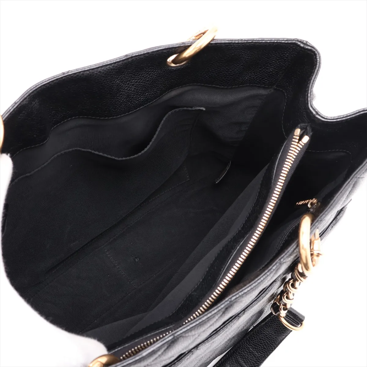 GST Caviar Skin Chain Tote Bag, Black with Gold Hardware — view 7