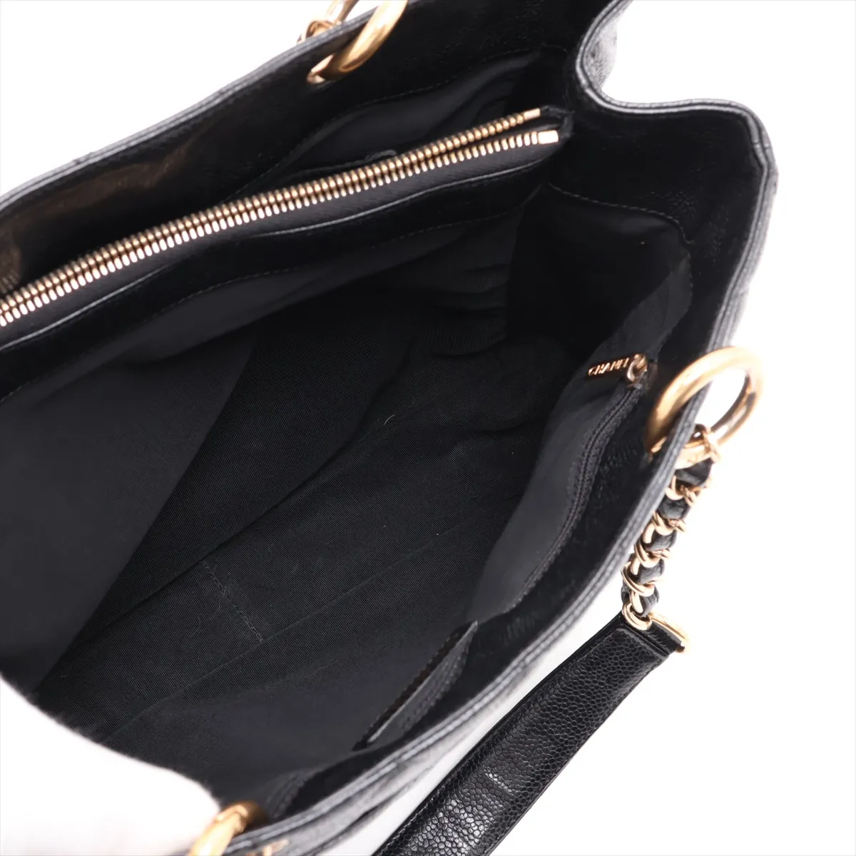 GST Caviar Skin Chain Tote Bag, Black with Gold Hardware — view 8