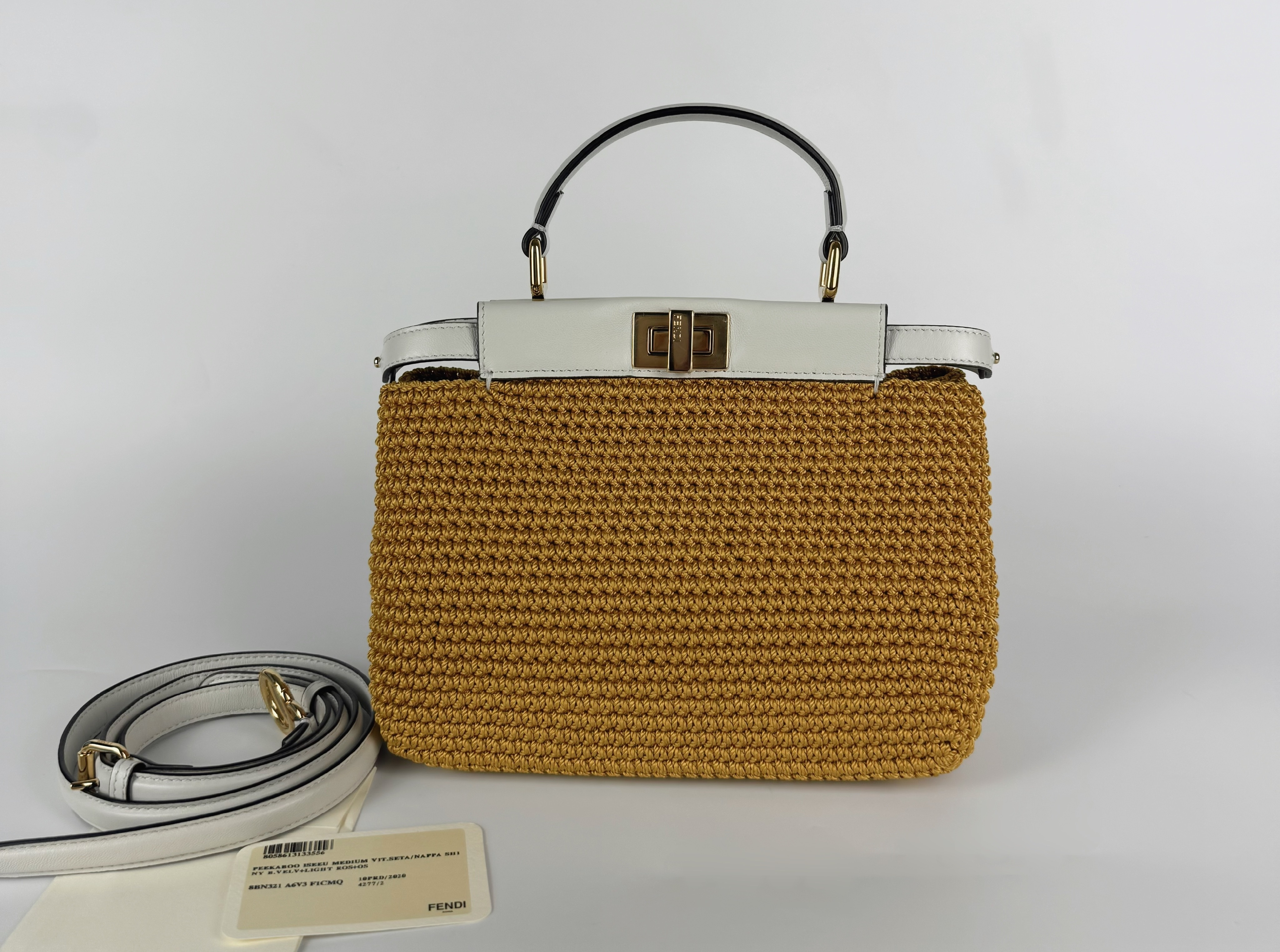Peekaboo Mini Raffia x Leather White 2-Way Shoulder Bag with Gold Hardware (with protective film)