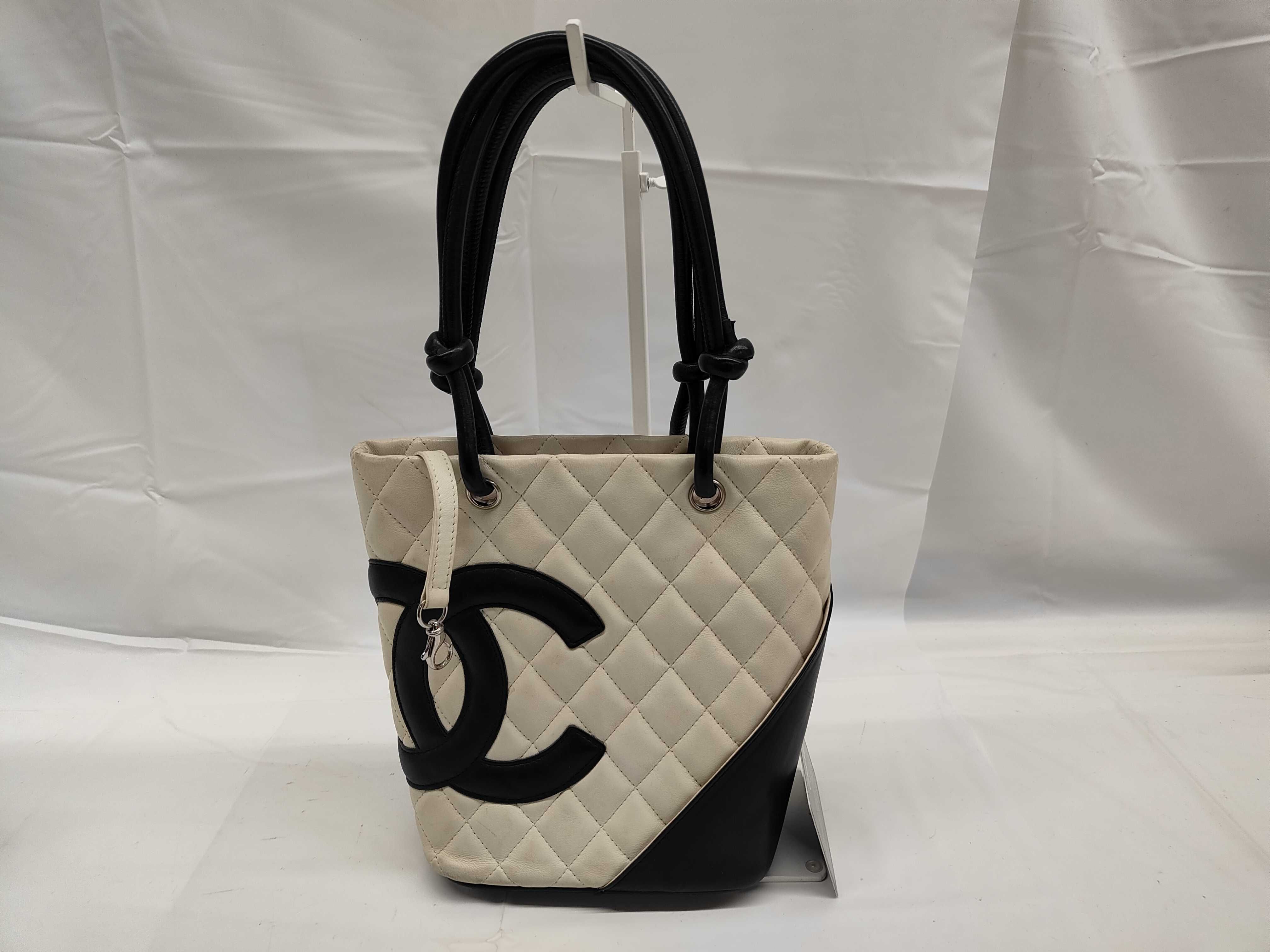 Small Tote Bag, Cambon Line, Calfskin, White/Black, Silver Hardware, A25166 Tote Bag