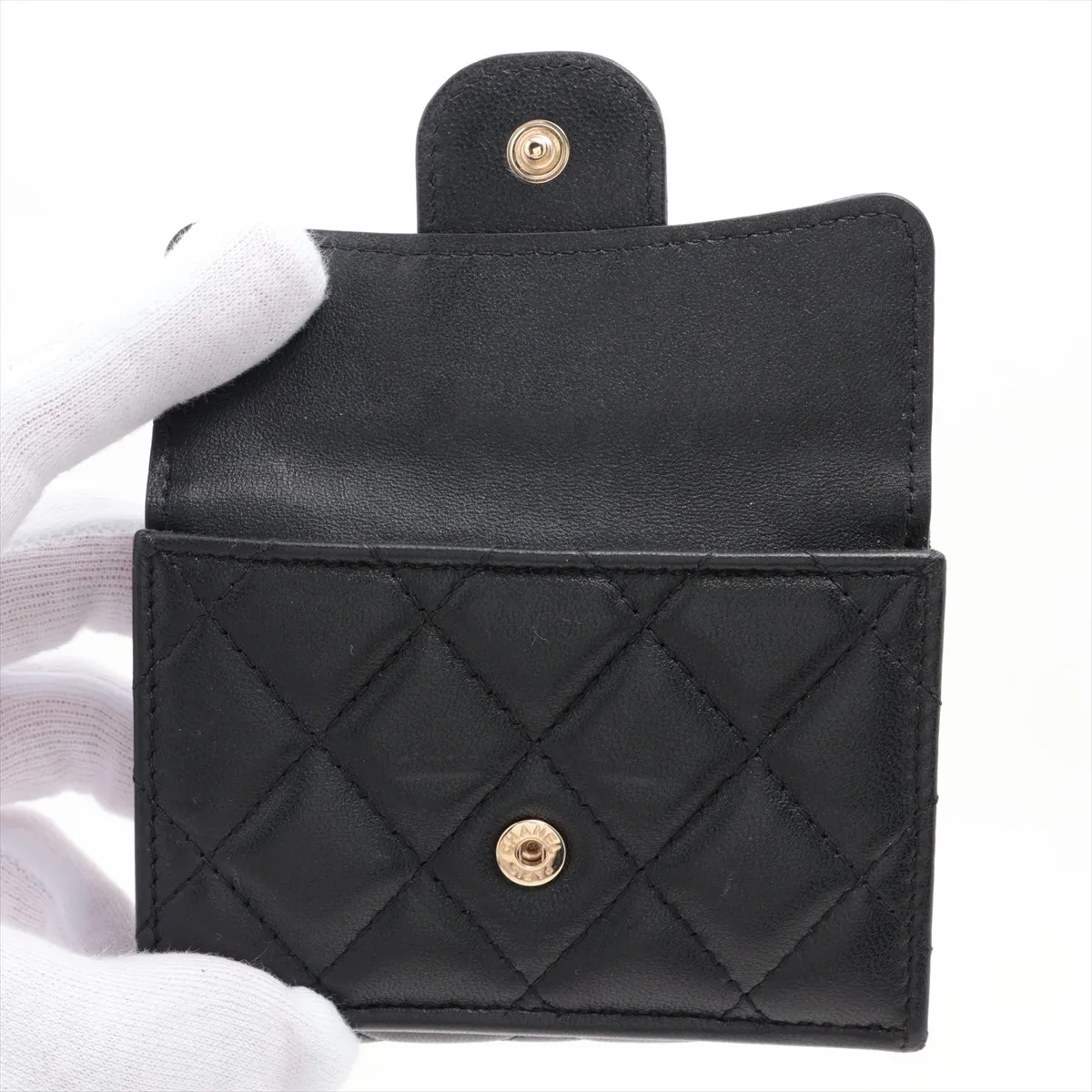 Matelassé Lambskin Compact Wallet, Black with Gold Hardware, 31922900 — view 3