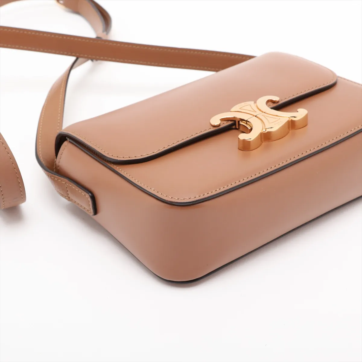 Triomphe Teen Leather Shoulder Bag, Brown — view 4
