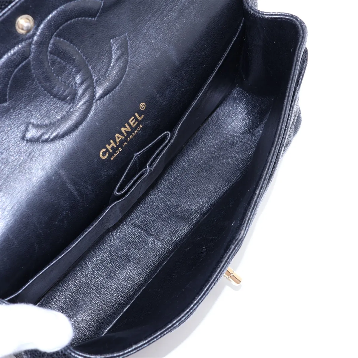 Matelassé 25 Caviar Skin Double Flap Double Chain Bag, Black with Gold Hardware, 8319104, Series 8, A01112 — view 7