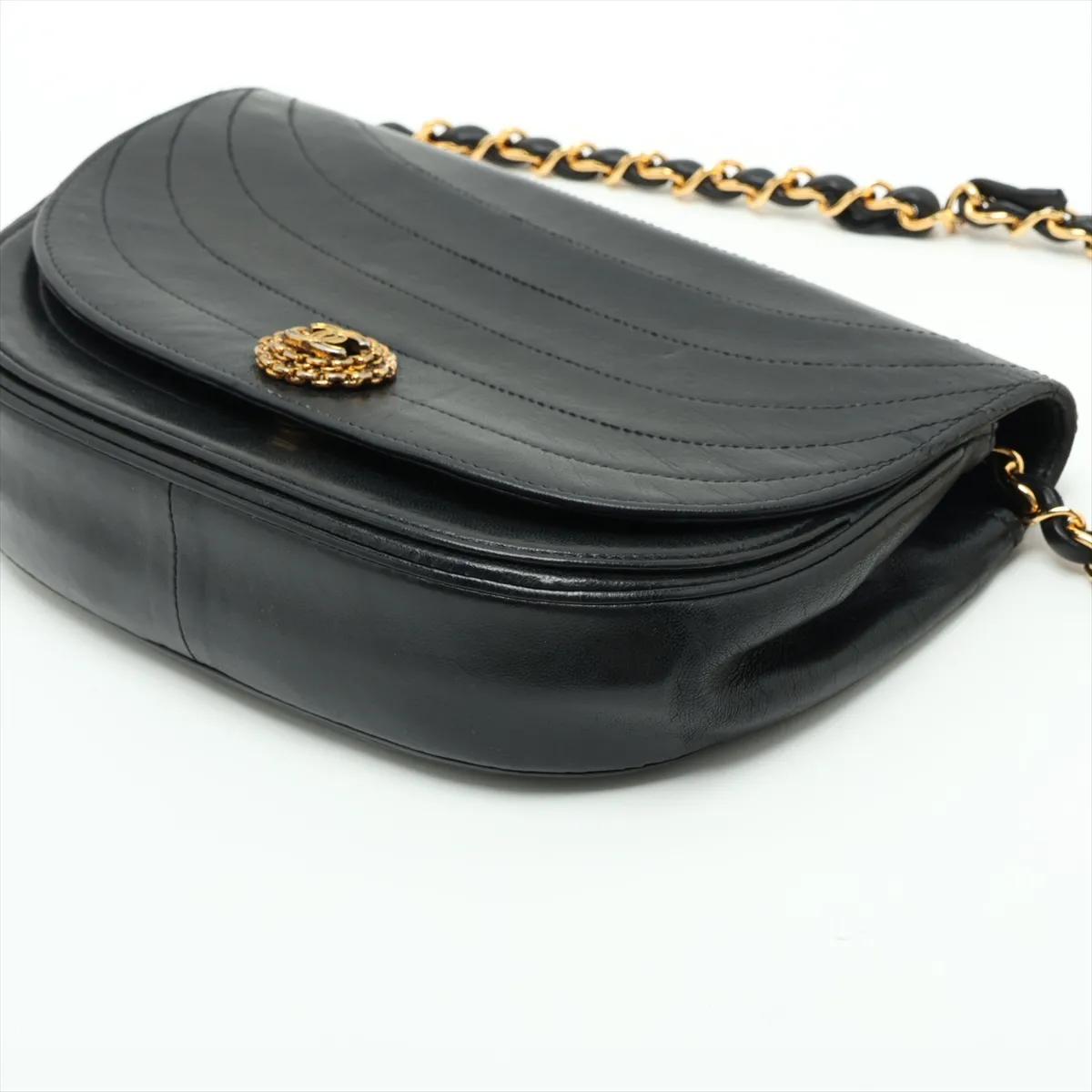 Wave Stitch Lambskin Chain Shoulder Bag, Half Moon, Push Lock, Black, Gold Hardware, 335594 (Serial Number 0) — view 3