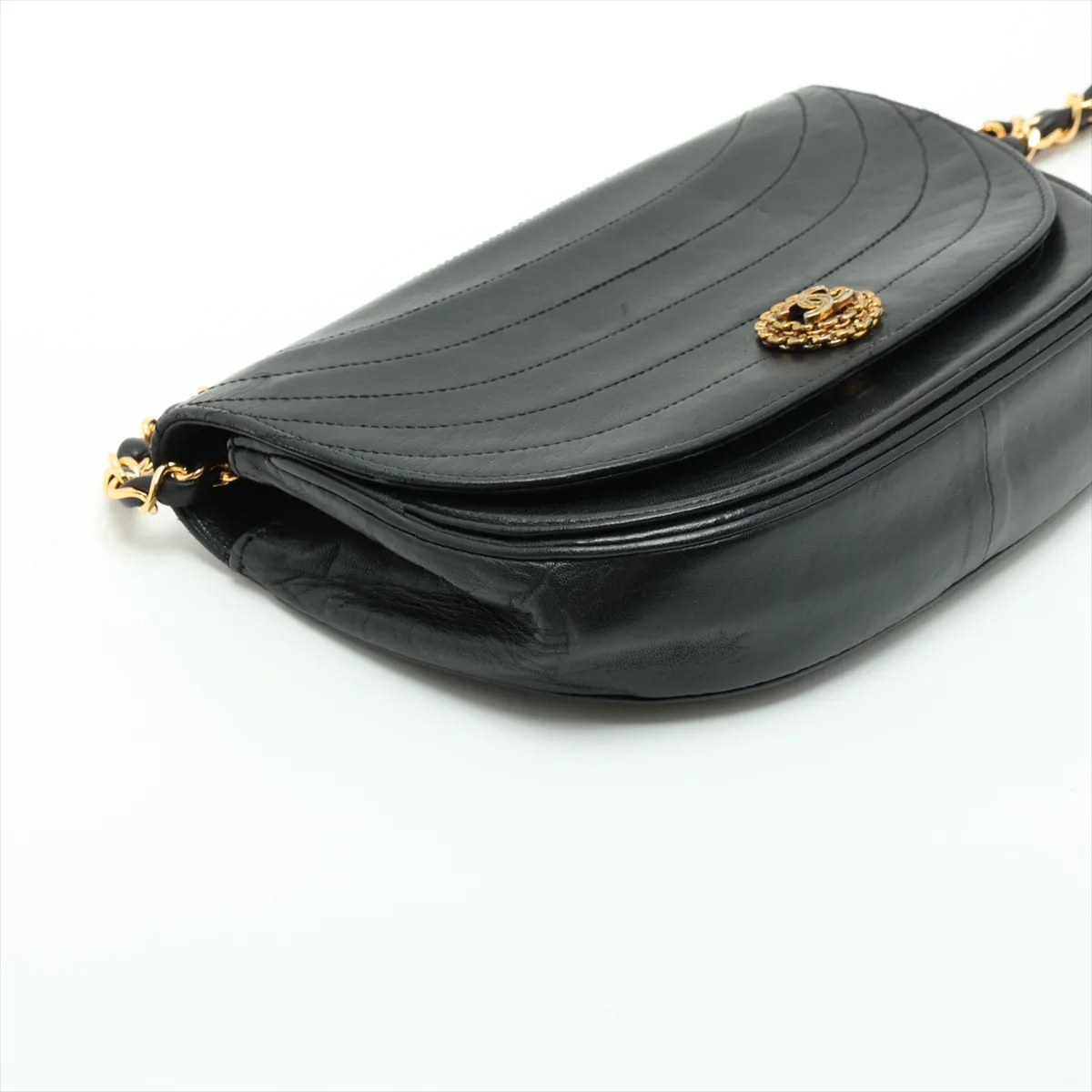 Wave Stitch Lambskin Chain Shoulder Bag, Half Moon, Push Lock, Black, Gold Hardware, 335594 (Serial Number 0) — view 4