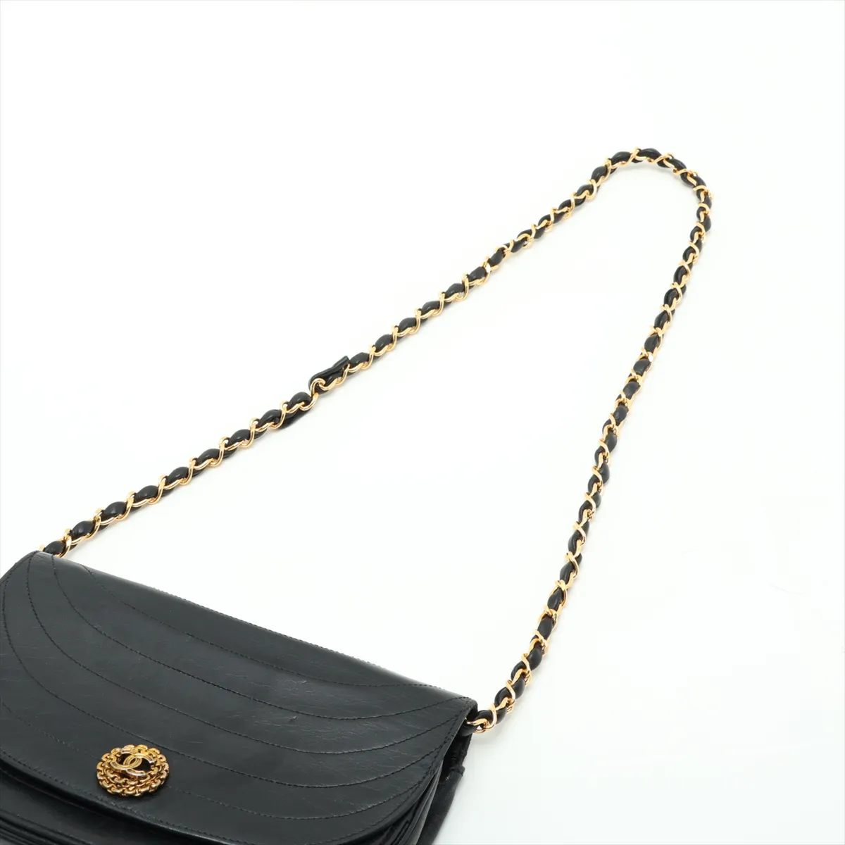 Wave Stitch Lambskin Chain Shoulder Bag, Half Moon, Push Lock, Black, Gold Hardware, 335594 (Serial Number 0) — view 5