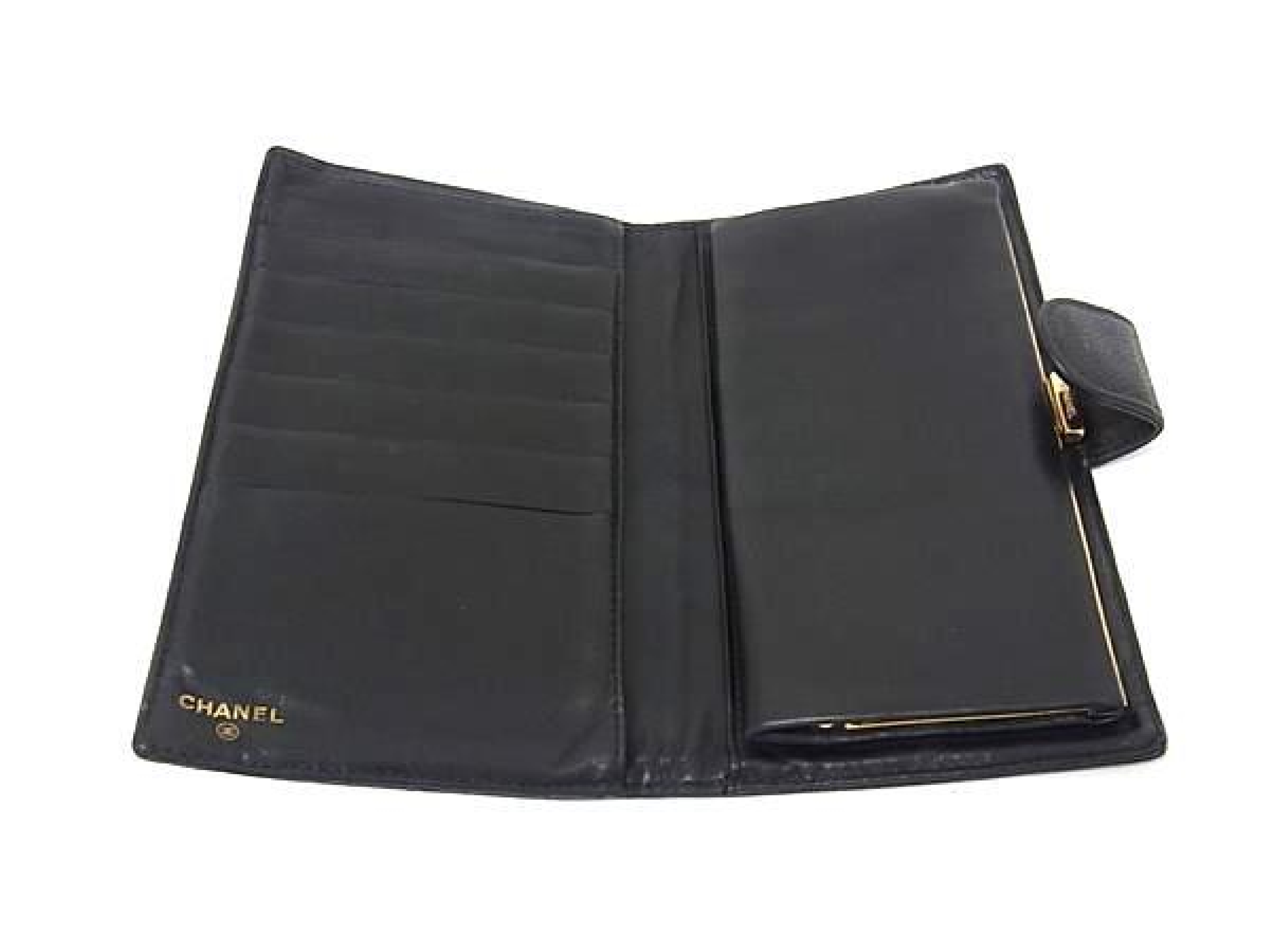 Coco Mark Caviar Skin Bi-fold Long Wallet, Billfold, Coin Purse, Card Slots, Women's, Black, HB3777 — view 3