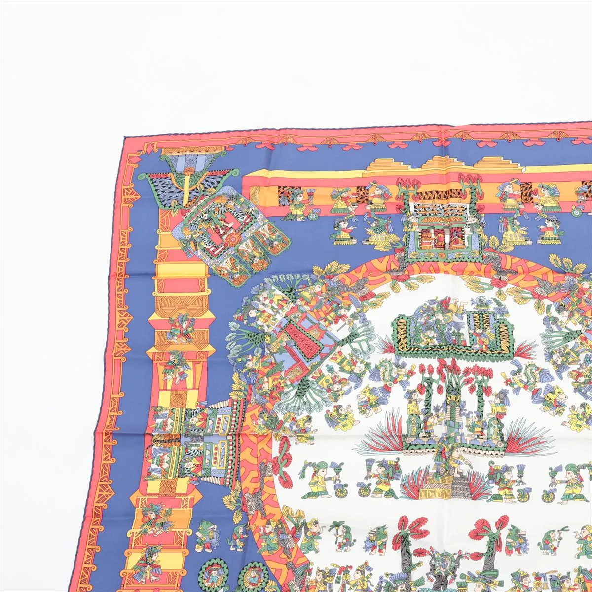 Carre 90 "Astres et Soleils" (Celestial Bodies and Suns) Scarf, Silk, Red x Blue, Scattered threads, loose threads, fraying. — view 2
