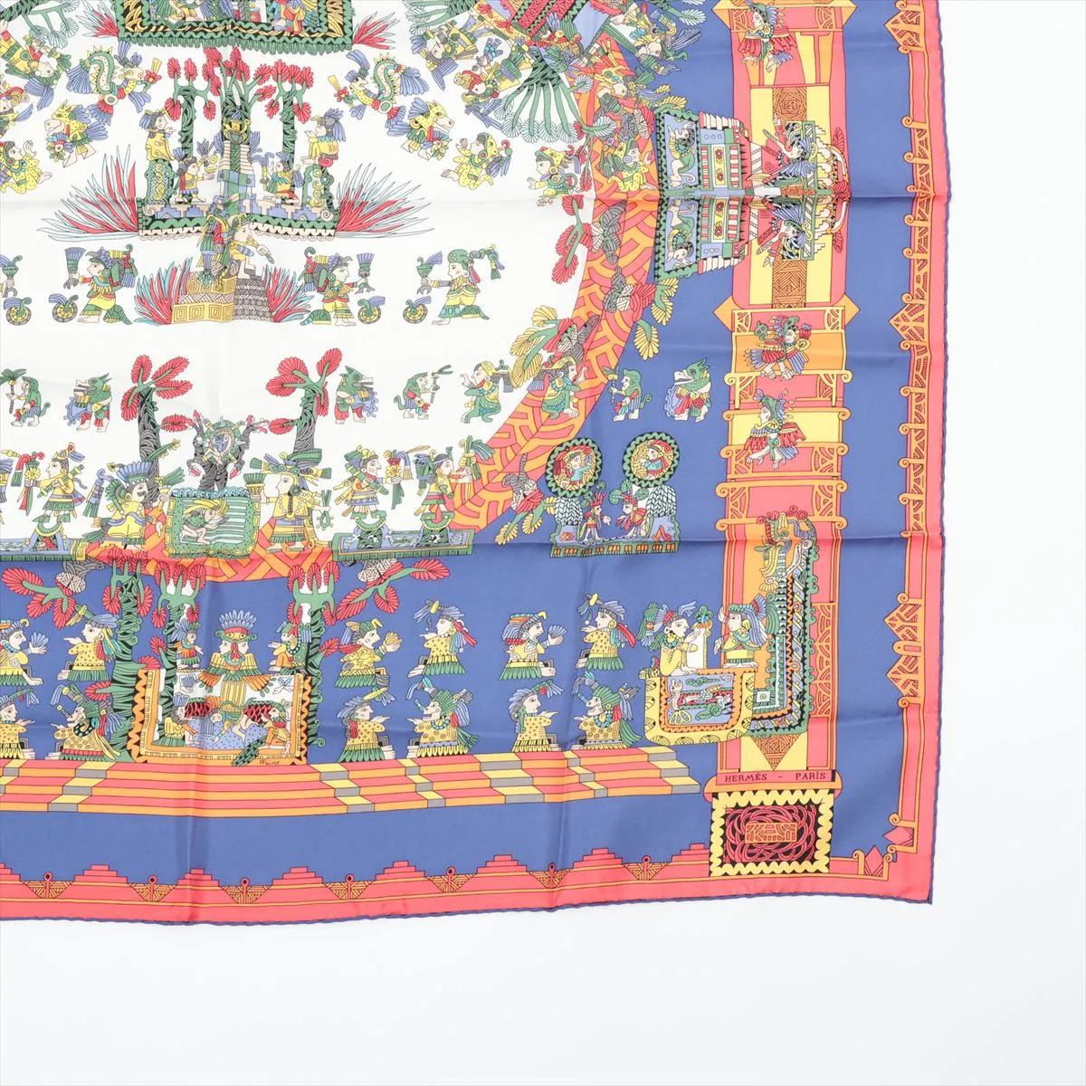 Carre 90 "Astres et Soleils" (Celestial Bodies and Suns) Scarf, Silk, Red x Blue, Scattered threads, loose threads, fraying. — view 4