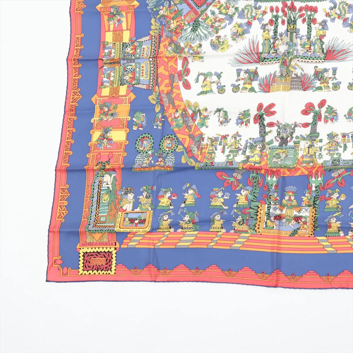 Carre 90 "Astres et Soleils" (Celestial Bodies and Suns) Scarf, Silk, Red x Blue, Scattered threads, loose threads, fraying. — view 5