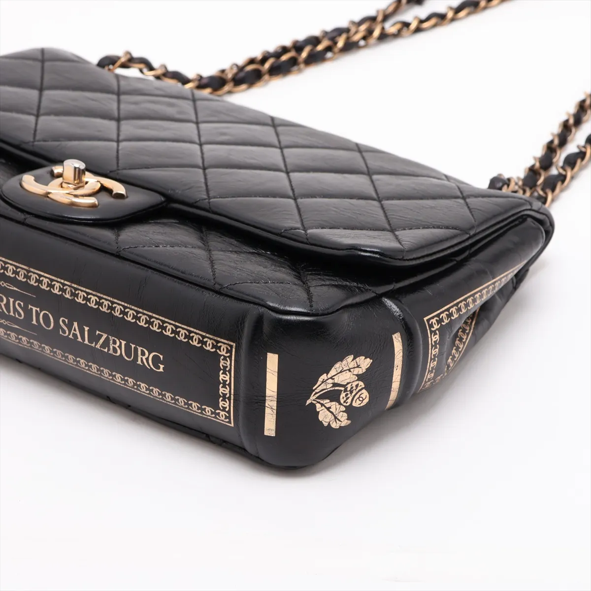 Matelassé Vintage Calf Single Flap Double Chain Bag, Black x Gold, Gold Hardware, 21402215, Serial Number 21 — view 3