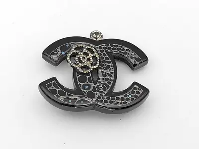 Camellia Brooch, Rhinestone, Python, Black Brooch