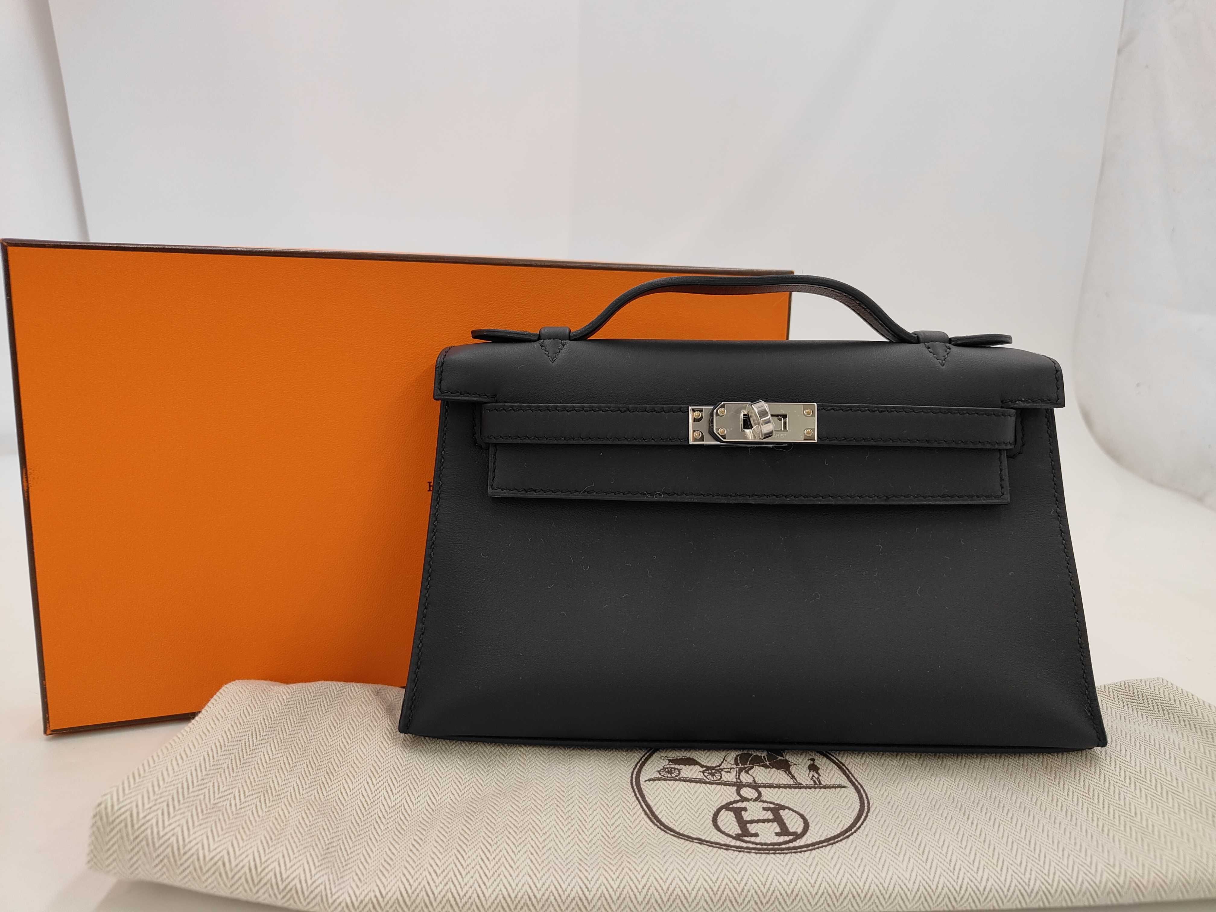 Pochette Kelly, Black Swift Leather, Silver Hardware, G Stamp, Handbag