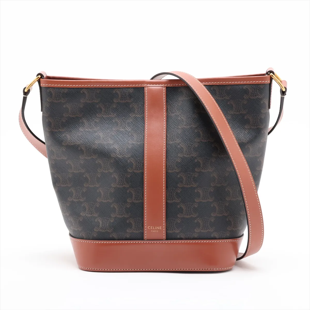 Triomphe Small Bucket PVC x Leather Shoulder Bag, Brown