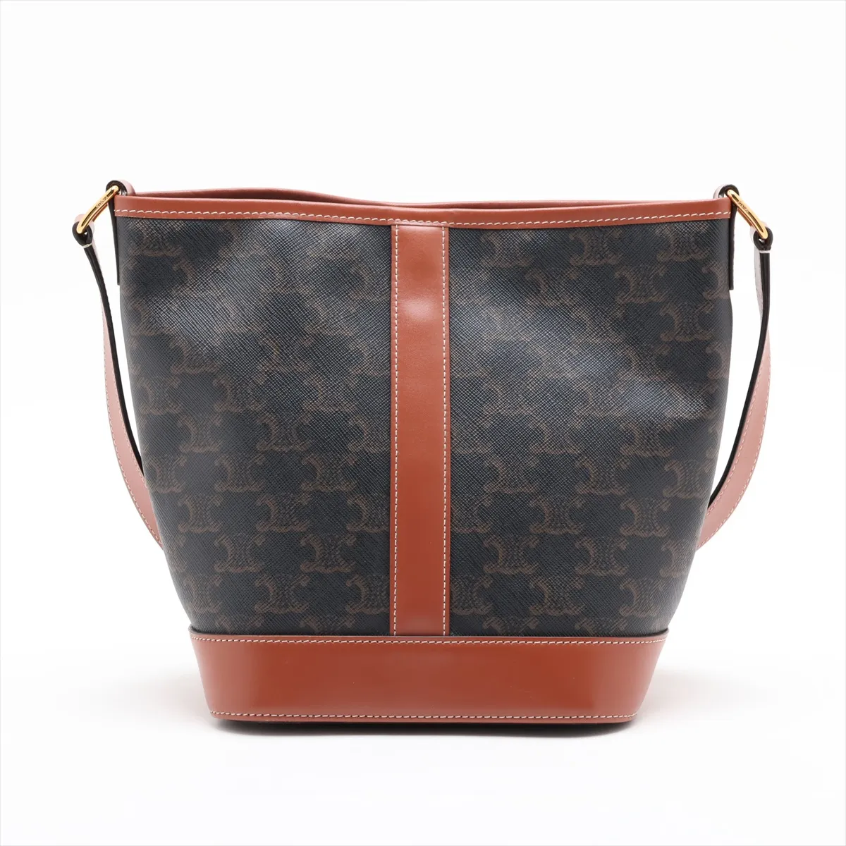 Triomphe Small Bucket PVC x Leather Shoulder Bag, Brown — view 2