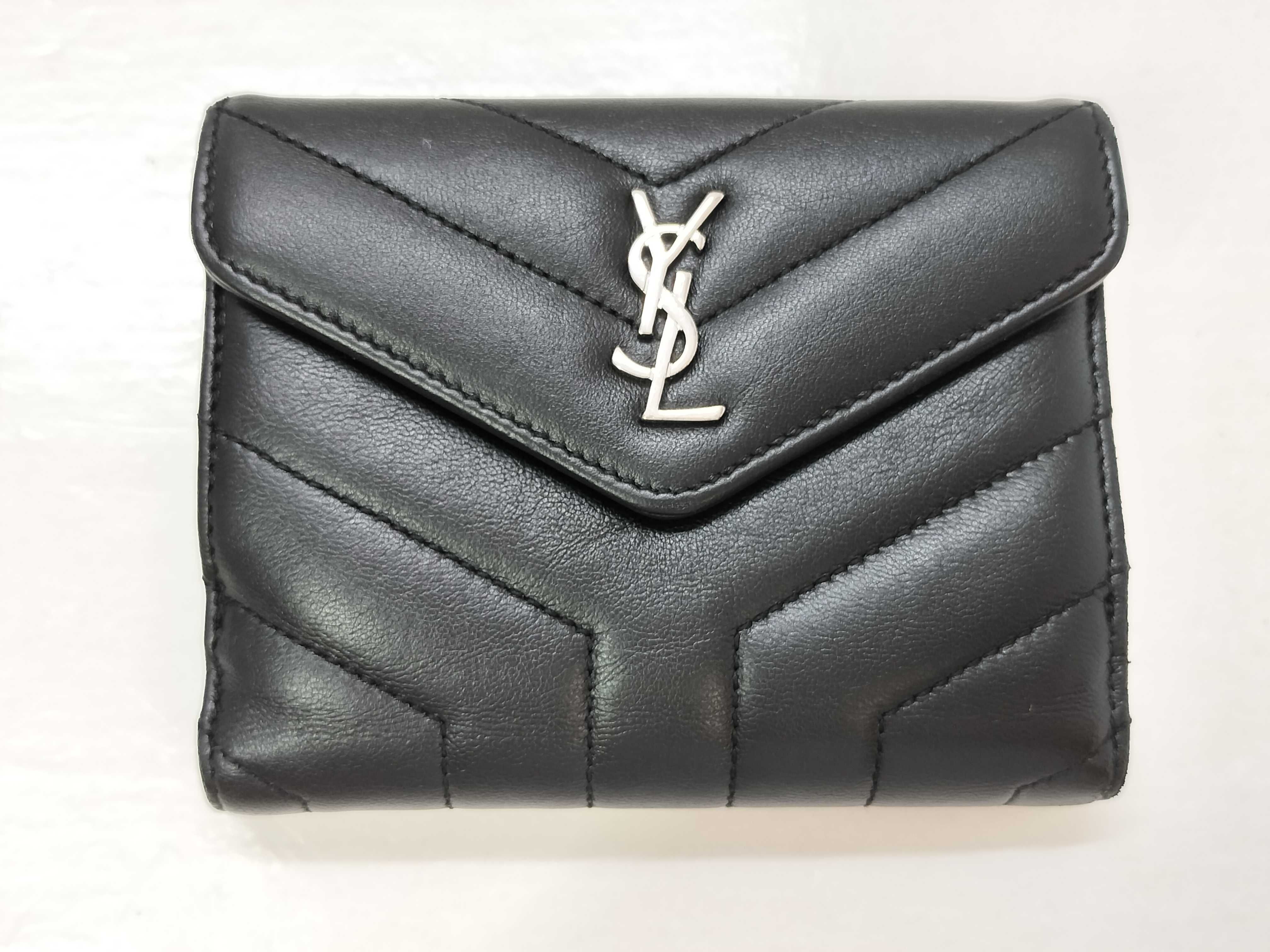 Cassandra Leather Compact Wallet, Black, with serial number, box, and card slots.