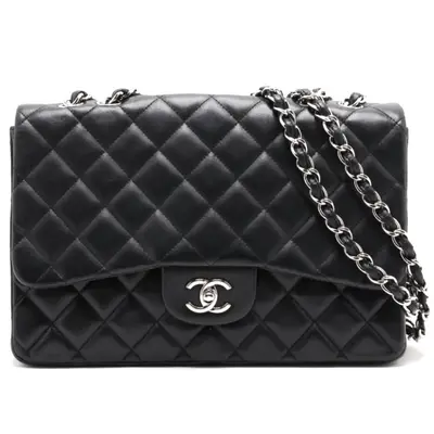 Large Matelassé 30 Lambskin Single Flap Double Chain Bag, Black with Silver Hardware, 13898676 (Serial Number 13-series, A28600), Shoulder Bag
