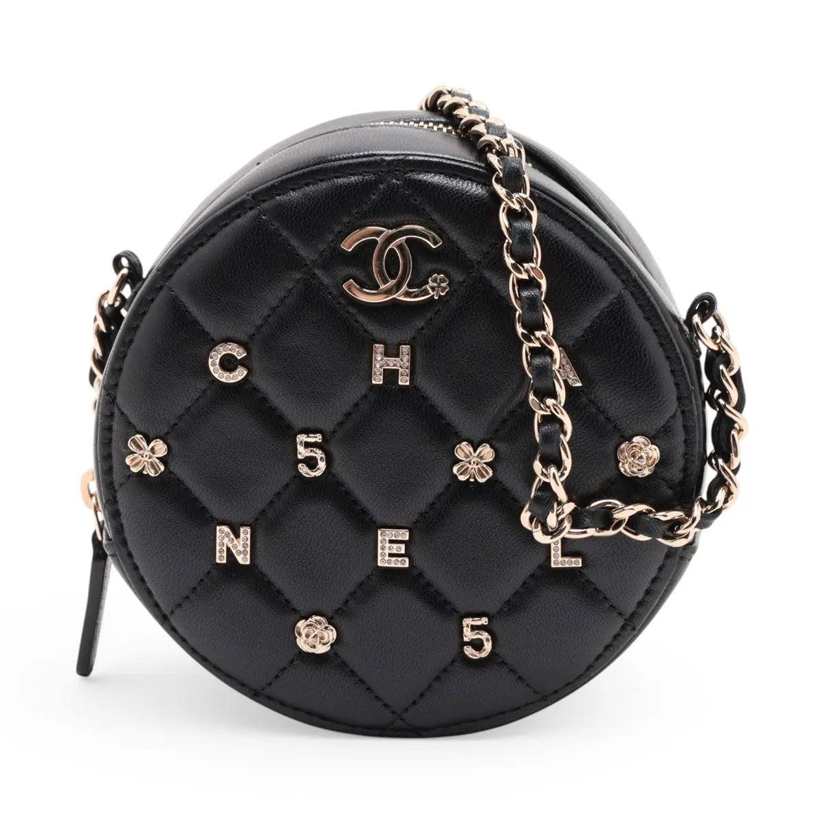 Matelassé Lambskin Chain Shoulder Bag, Round, Black, Gold Hardware