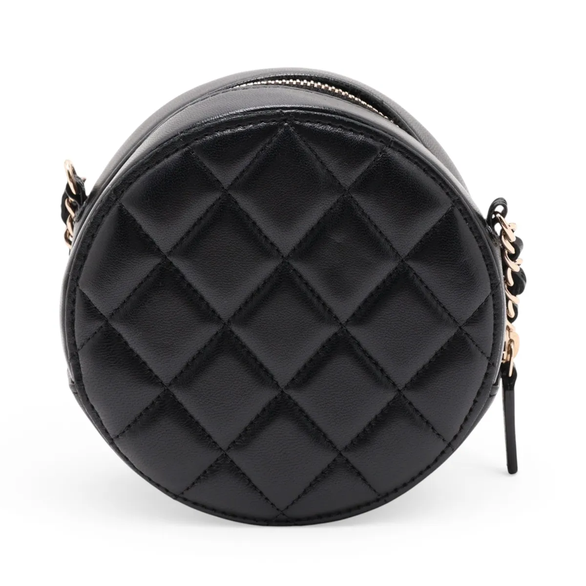 Matelassé Lambskin Chain Shoulder Bag, Round, Black, Gold Hardware — view 2