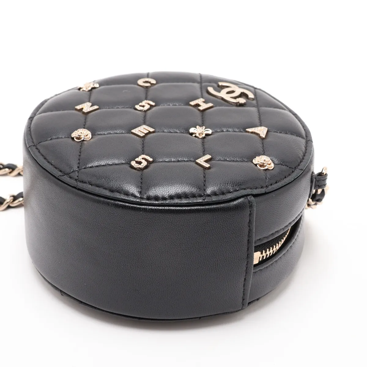 Matelassé Lambskin Chain Shoulder Bag, Round, Black, Gold Hardware — view 3