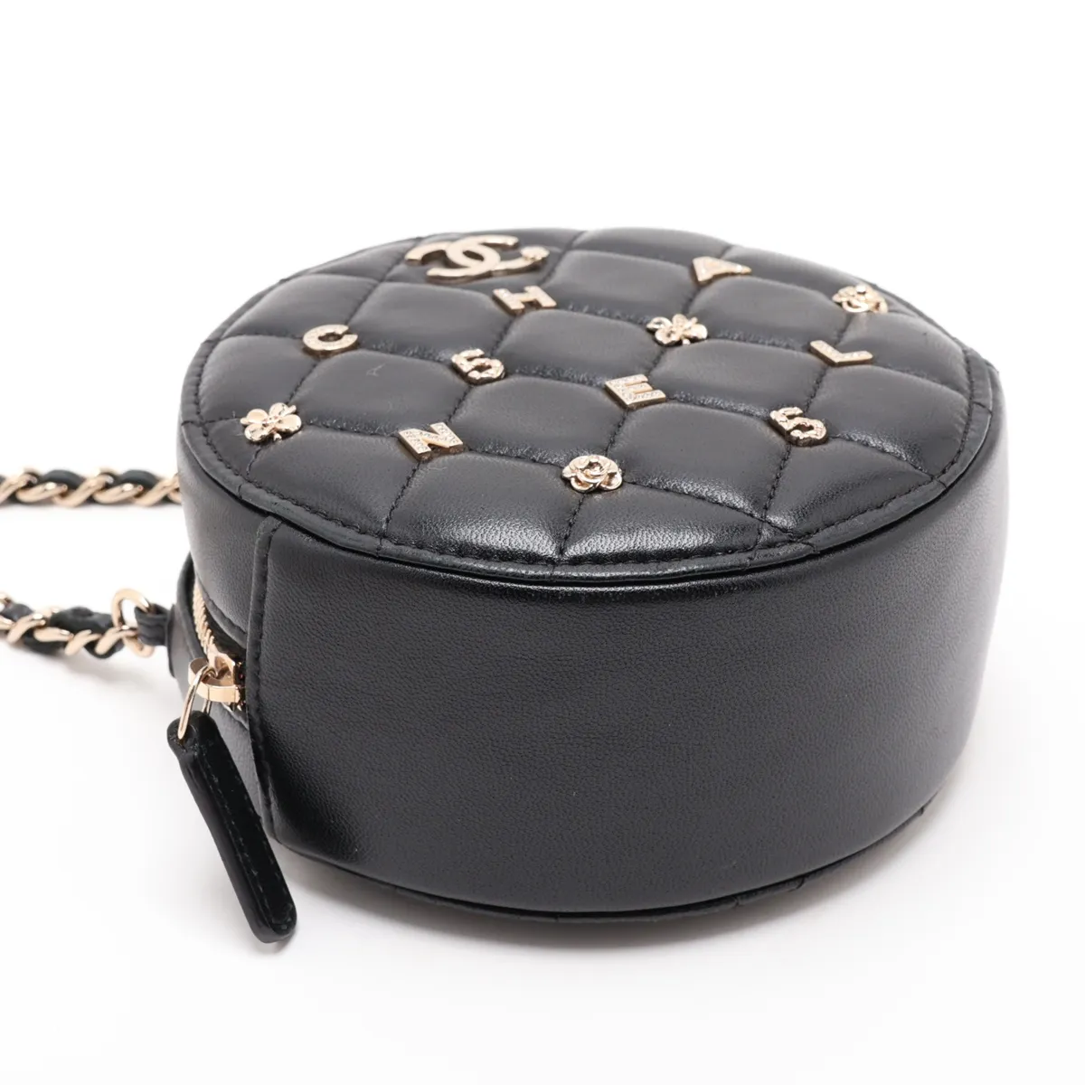 Matelassé Lambskin Chain Shoulder Bag, Round, Black, Gold Hardware — view 4