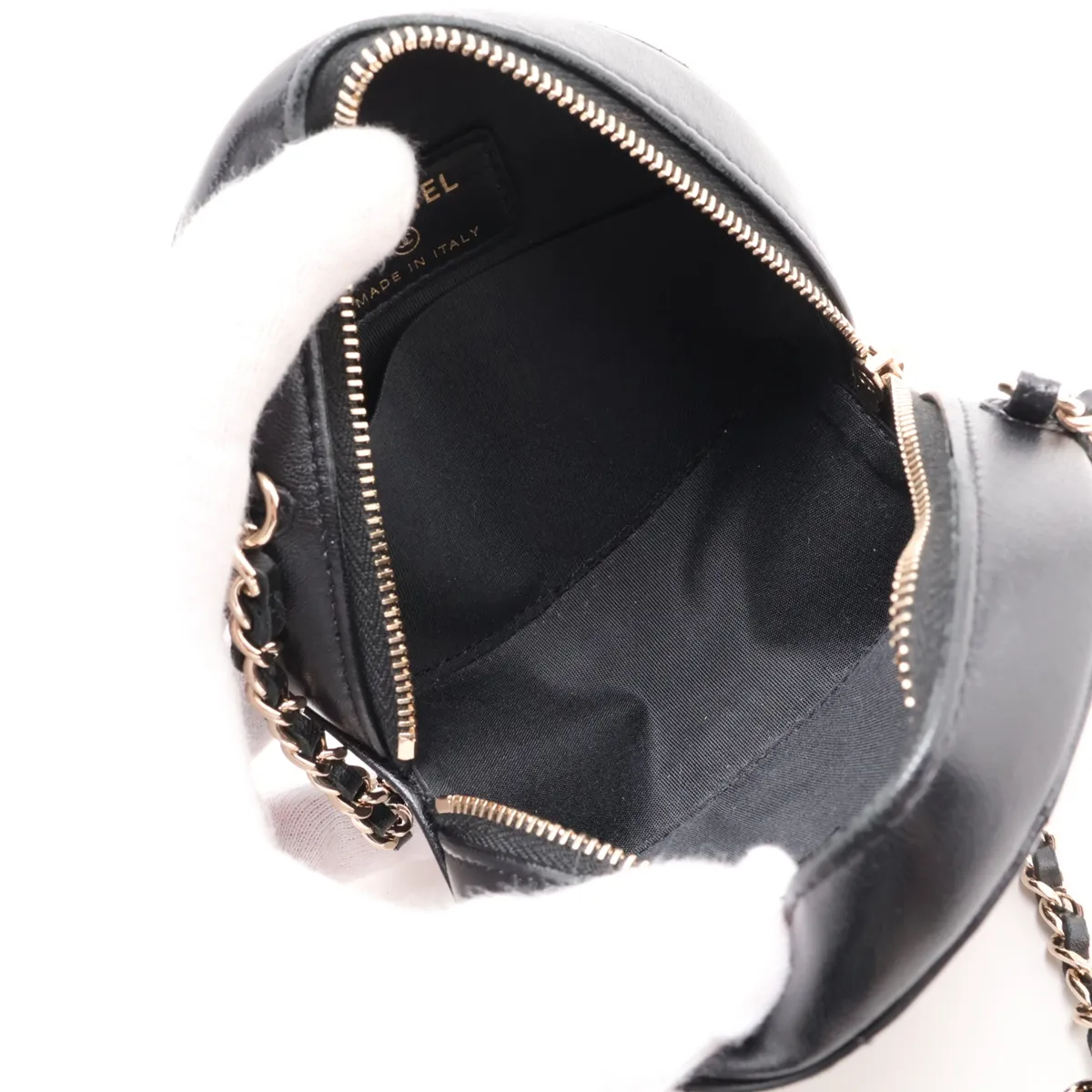 Matelassé Lambskin Chain Shoulder Bag, Round, Black, Gold Hardware — view 6