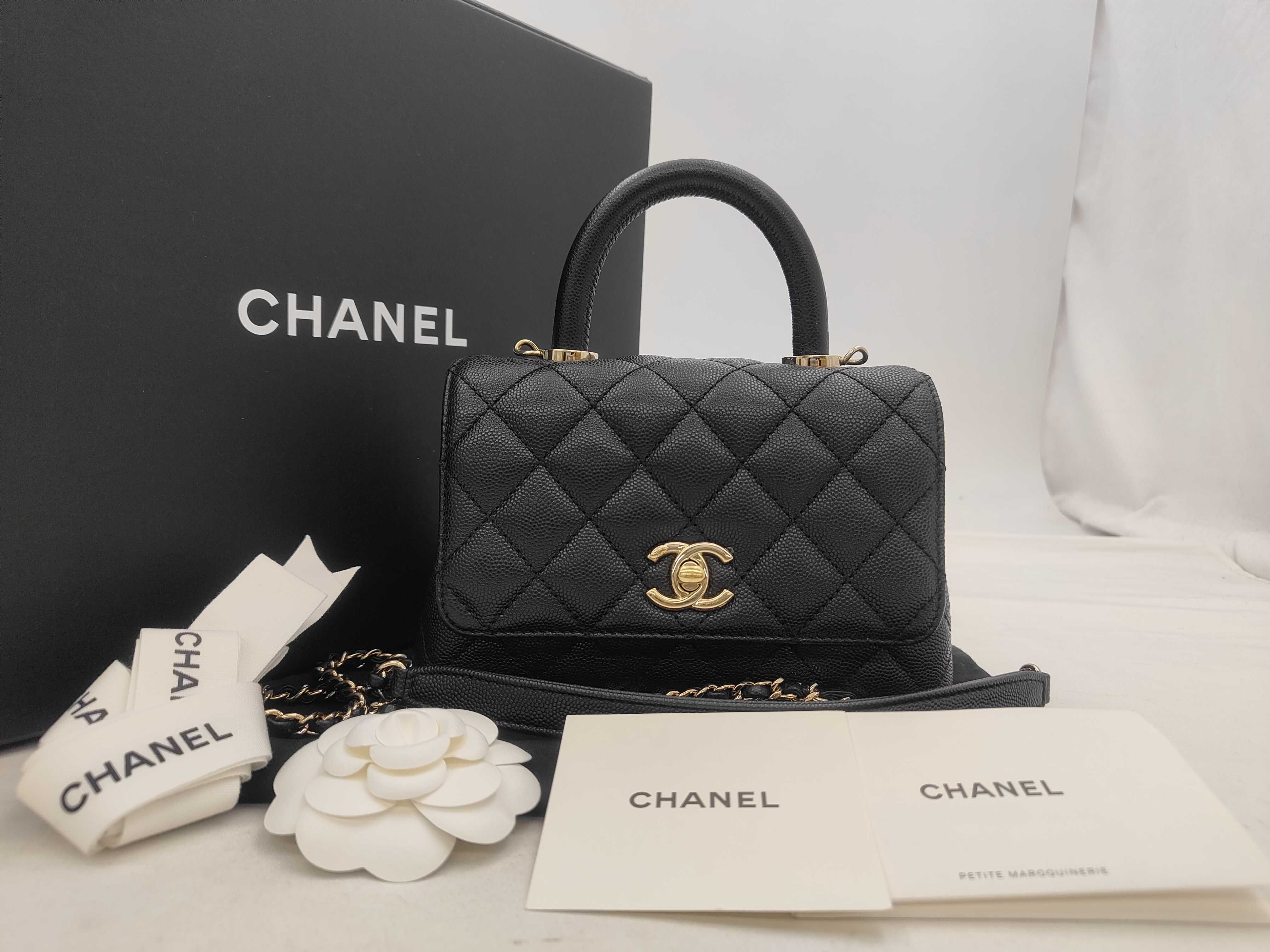 Matelassé Coco Handle XS 24 Caviar Skin Gold Hardware 2-way Handbag Shoulder Bag Serial Number Plate AS2215 Black Handbag