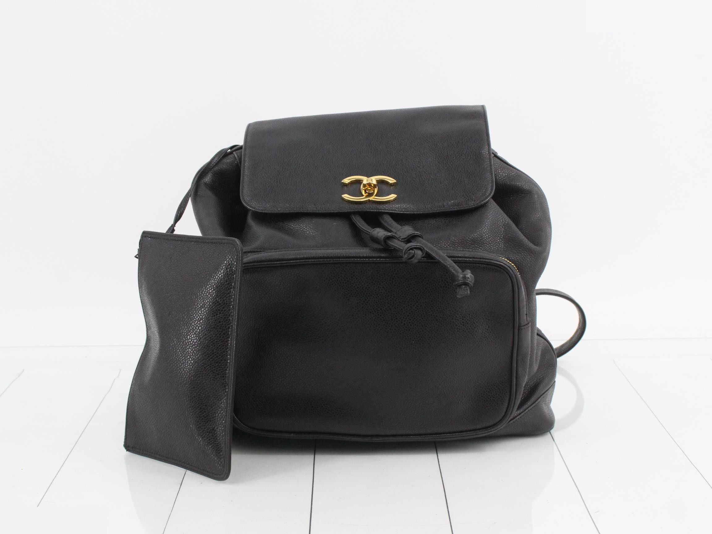 Drawstring backpack with caviar ball charm and pouch