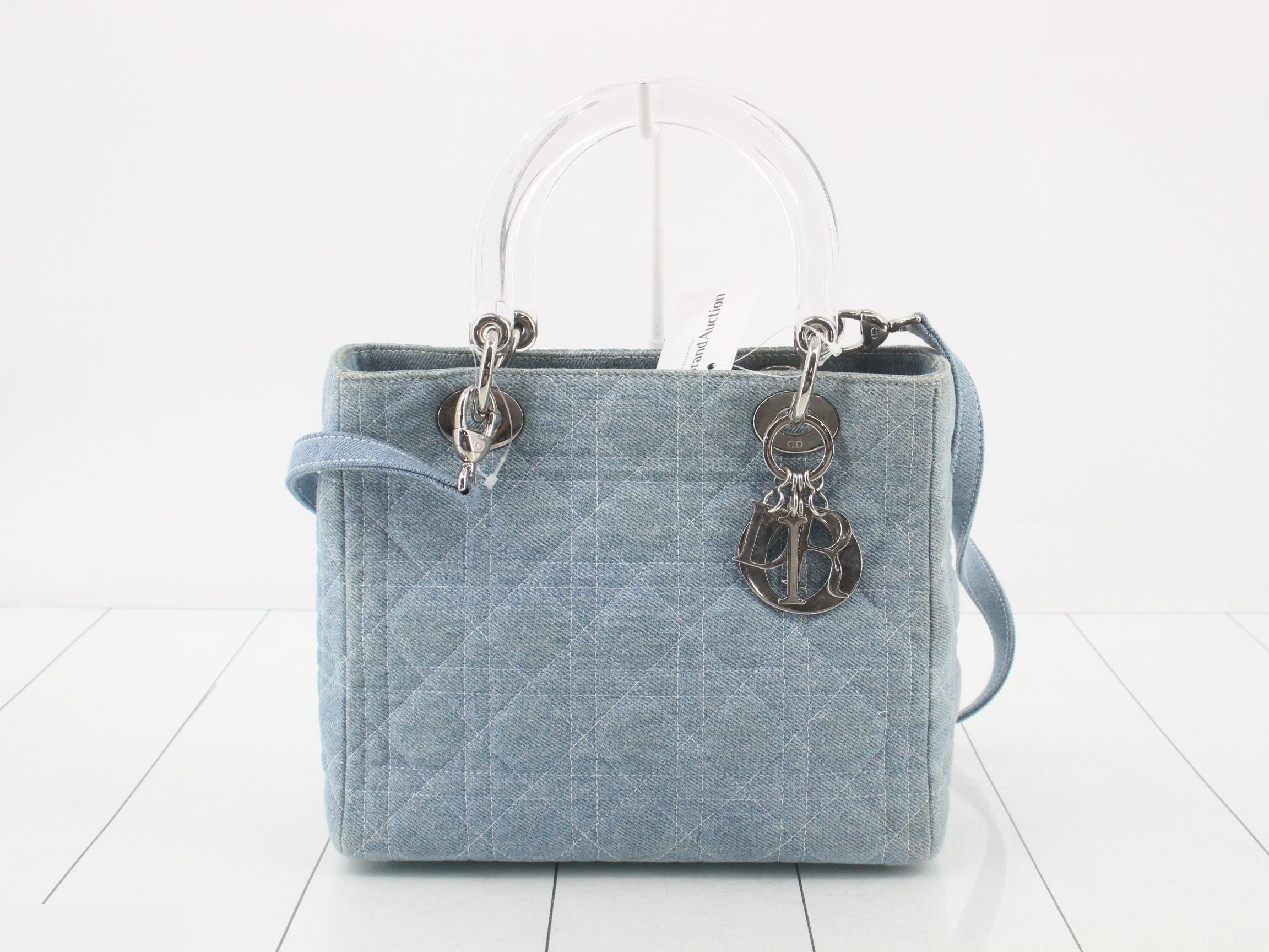 Cannage Lady Dior 2-Way Bag, Light Blue Denim, Clear Handle