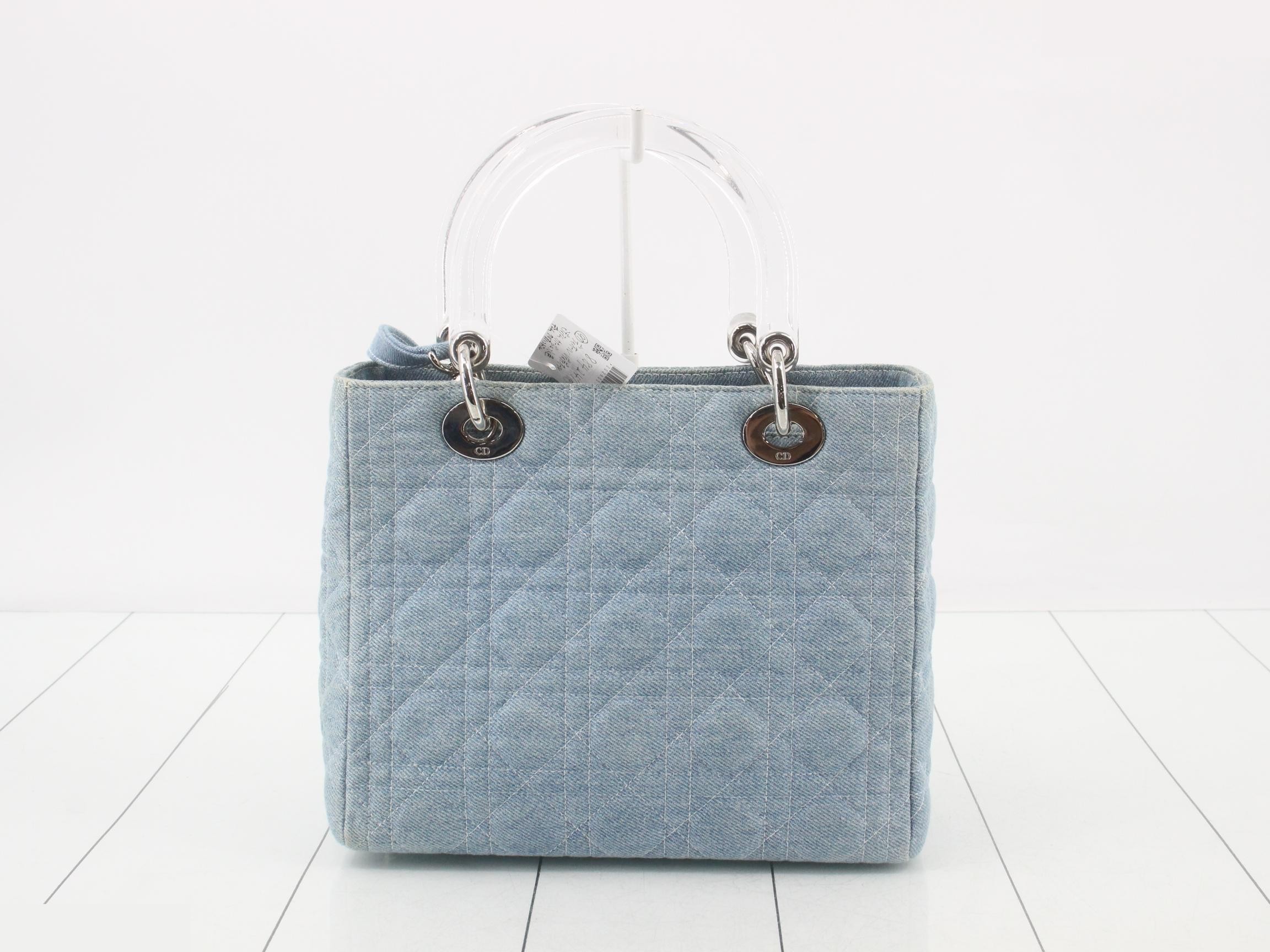 Cannage Lady Dior 2-Way Bag, Light Blue Denim, Clear Handle — view 2