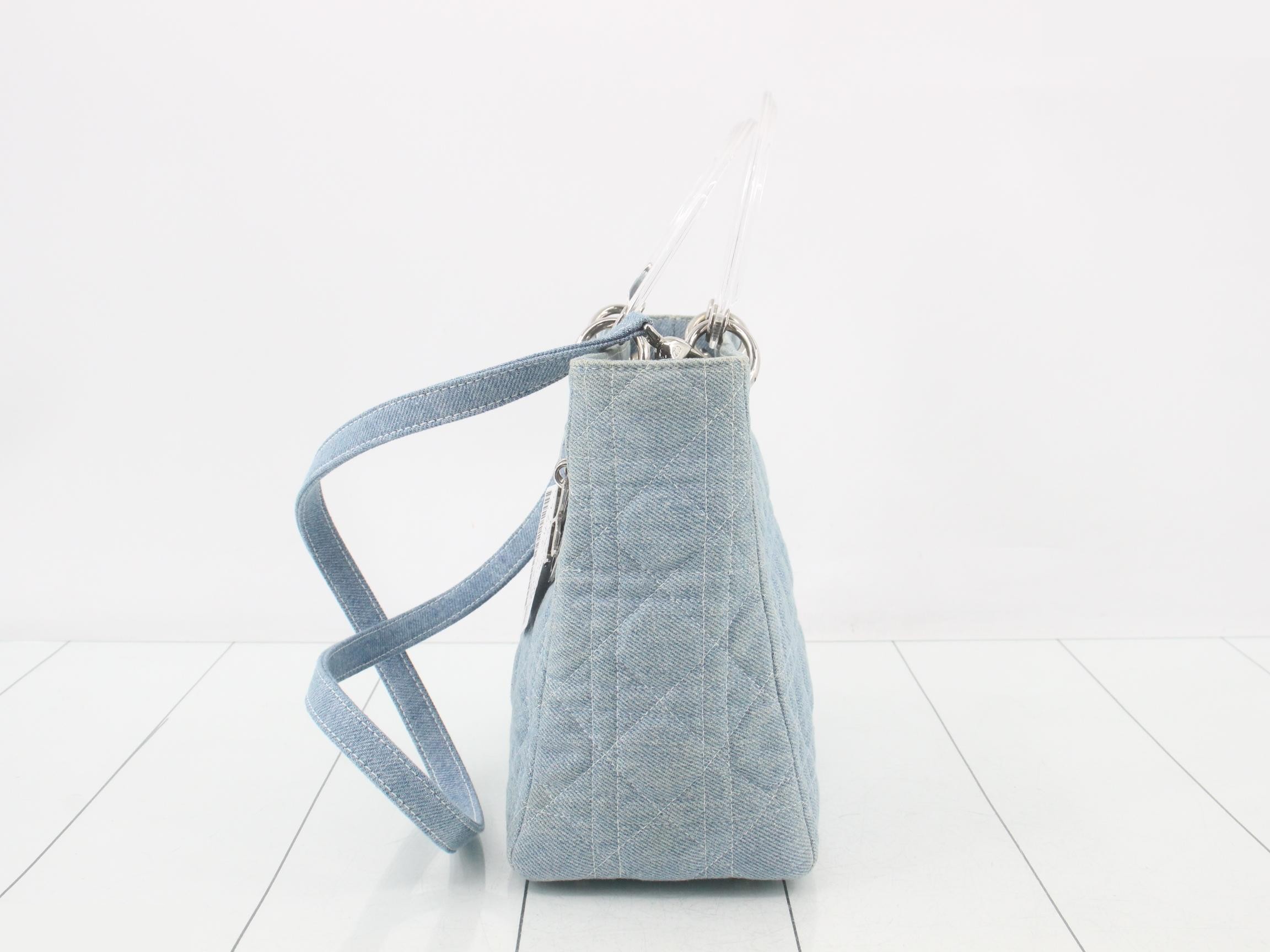 Cannage Lady Dior 2-Way Bag, Light Blue Denim, Clear Handle — view 3