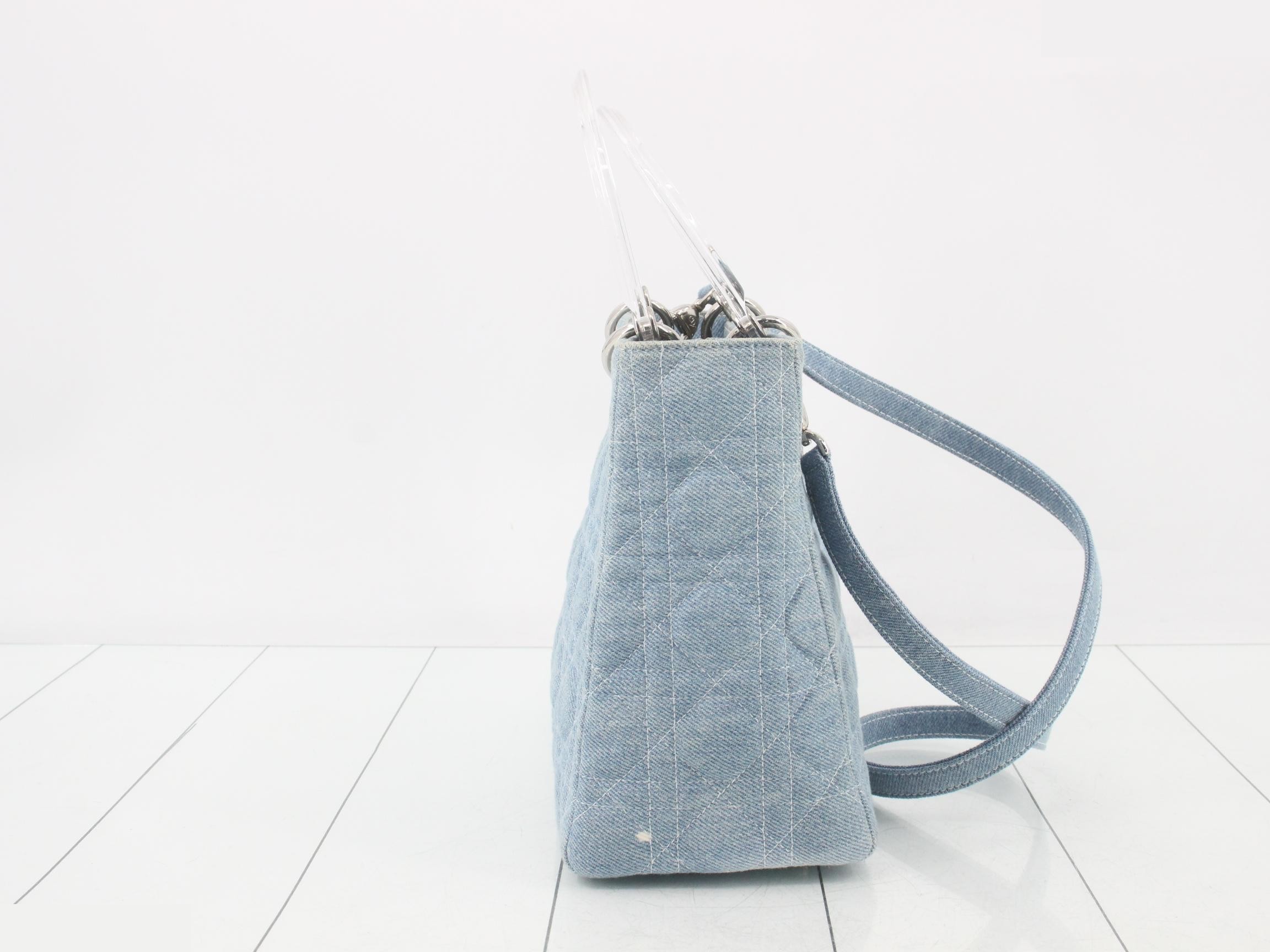 Cannage Lady Dior 2-Way Bag, Light Blue Denim, Clear Handle — view 4