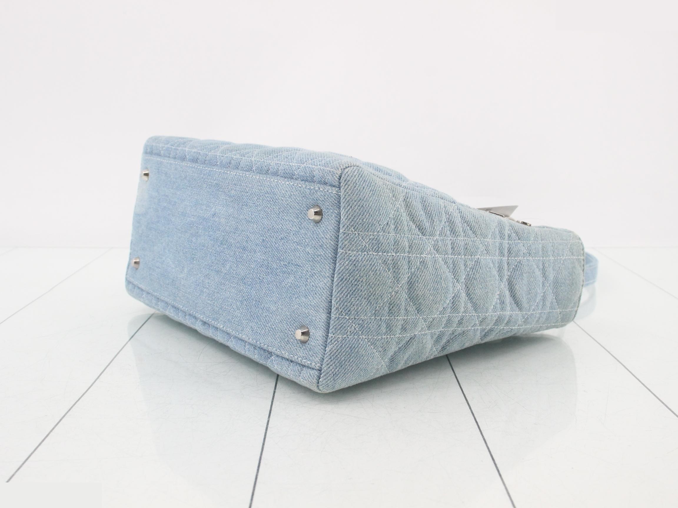 Cannage Lady Dior 2-Way Bag, Light Blue Denim, Clear Handle — view 6