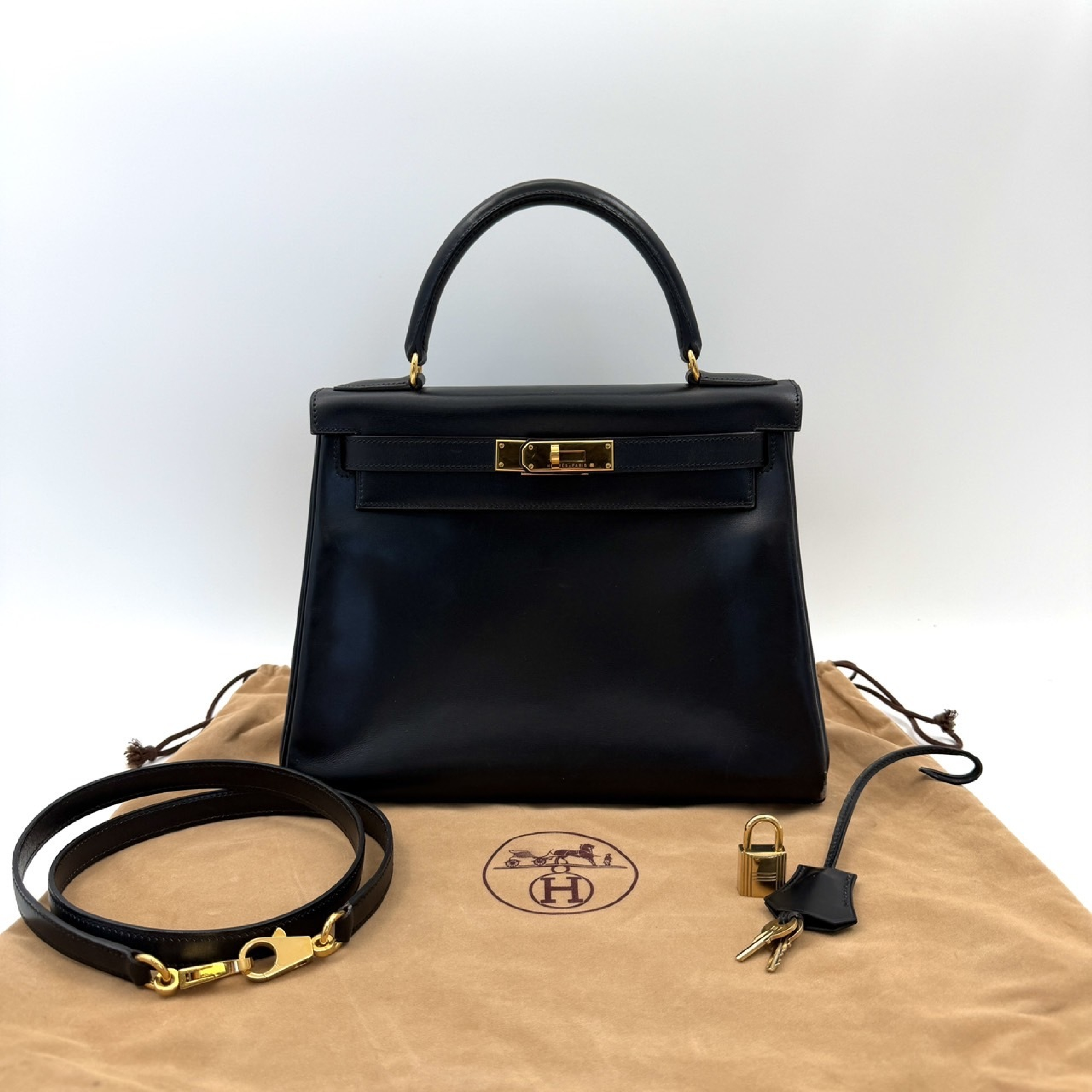 Kelly 28 Box Calf Leather Handbag with Gold Hardware, Black