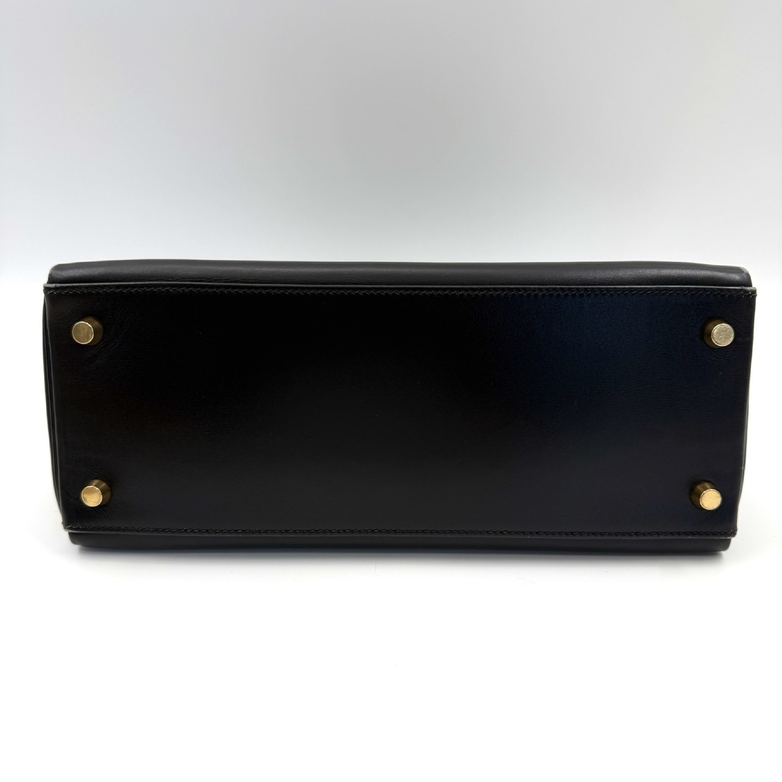 Kelly 28 Box Calf Leather Handbag with Gold Hardware, Black — view 3
