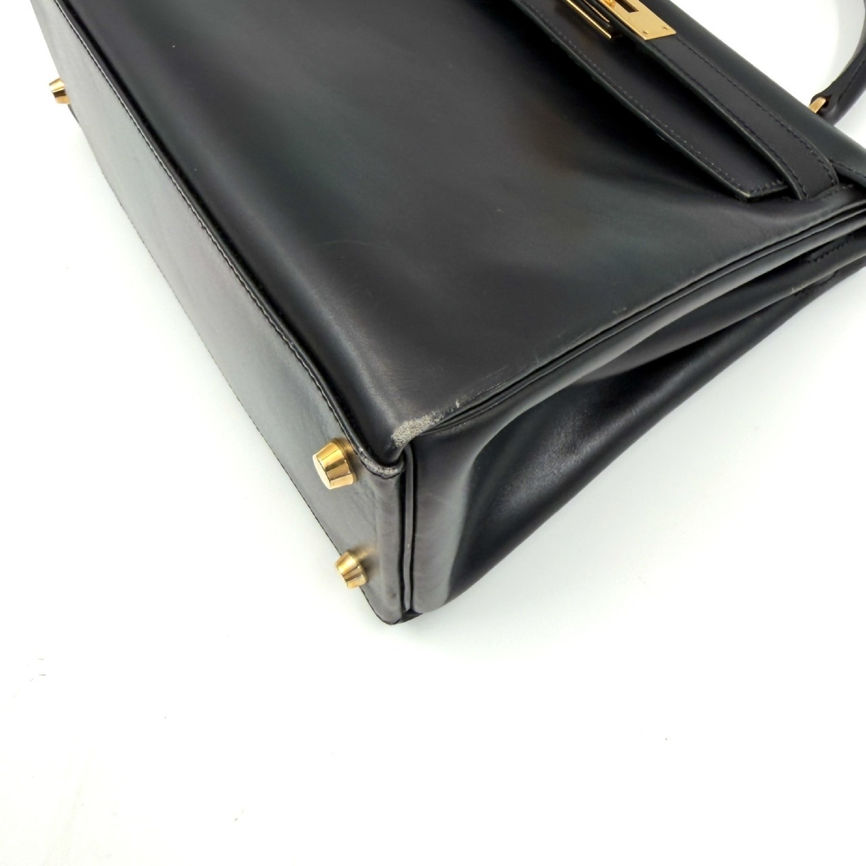 Kelly 28 Box Calf Leather Handbag with Gold Hardware, Black — view 4