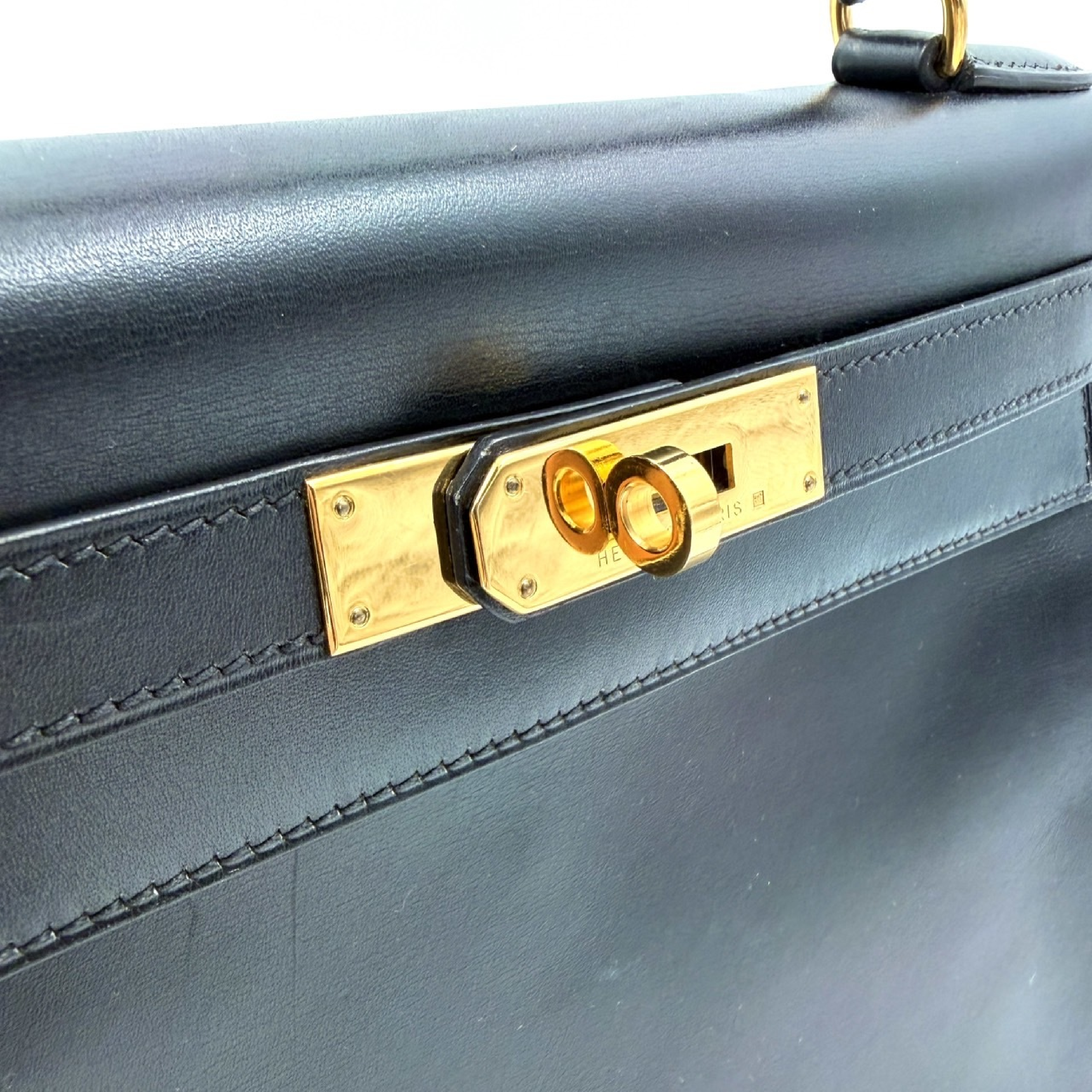 Kelly 28 Box Calf Leather Handbag with Gold Hardware, Black — view 5