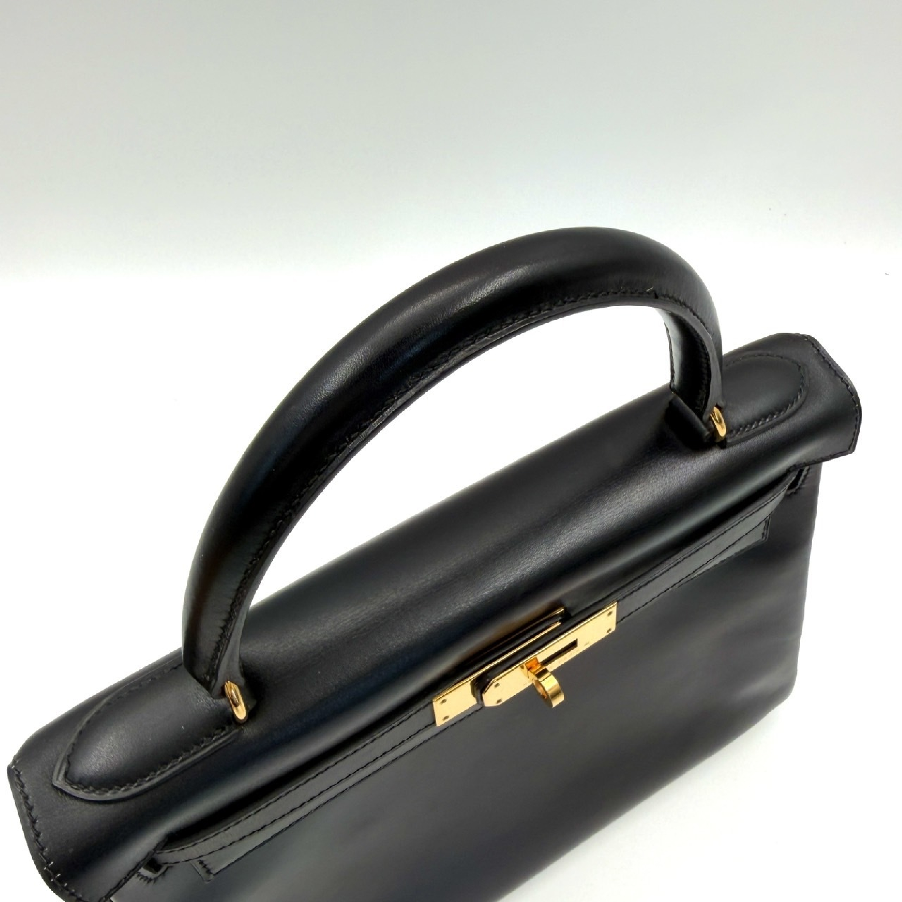 Kelly 28 Box Calf Leather Handbag with Gold Hardware, Black — view 6