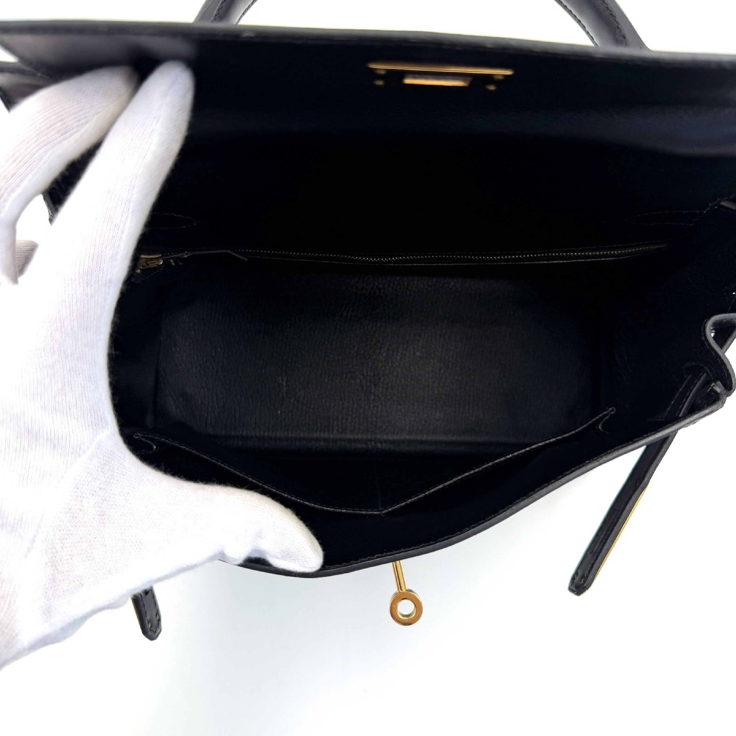Kelly 28 Box Calf Leather Handbag with Gold Hardware, Black — view 7
