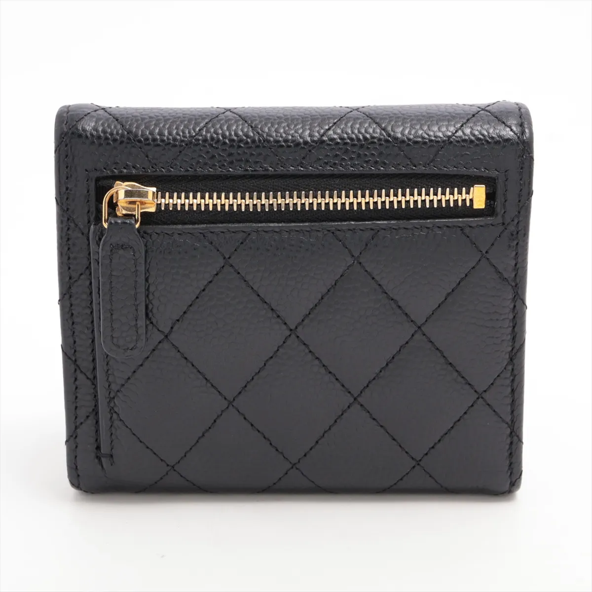 Matelassé Caviar Skin Compact Wallet, Black with Gold Hardware, G92GN851 — view 2