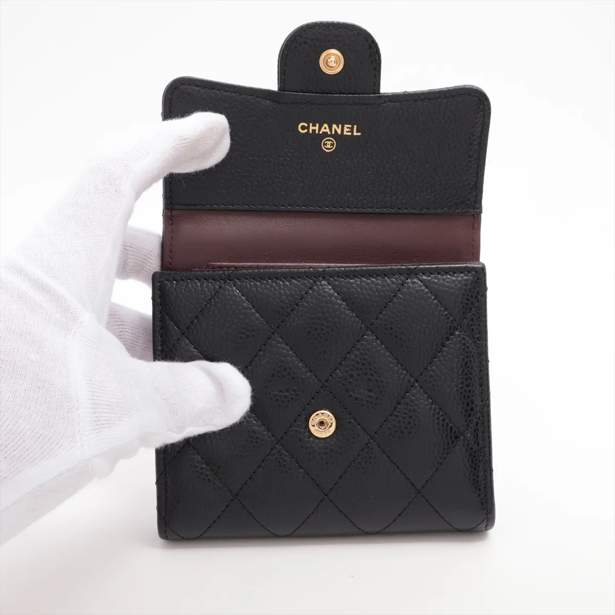 Matelassé Caviar Skin Compact Wallet, Black with Gold Hardware, G92GN851 — view 3