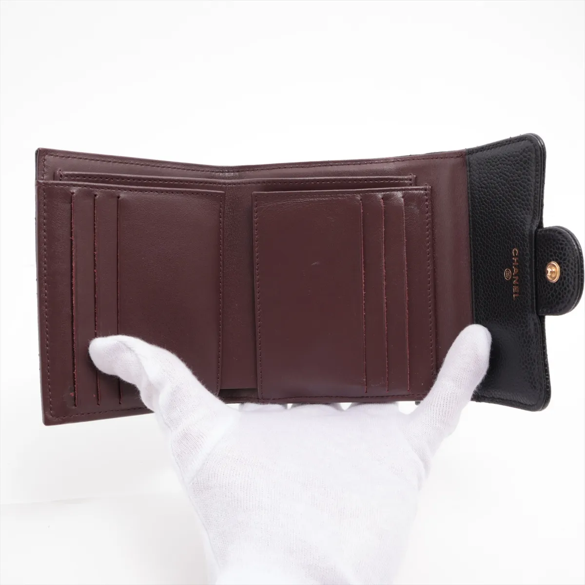 Matelassé Caviar Skin Compact Wallet, Black with Gold Hardware, G92GN851 — view 4