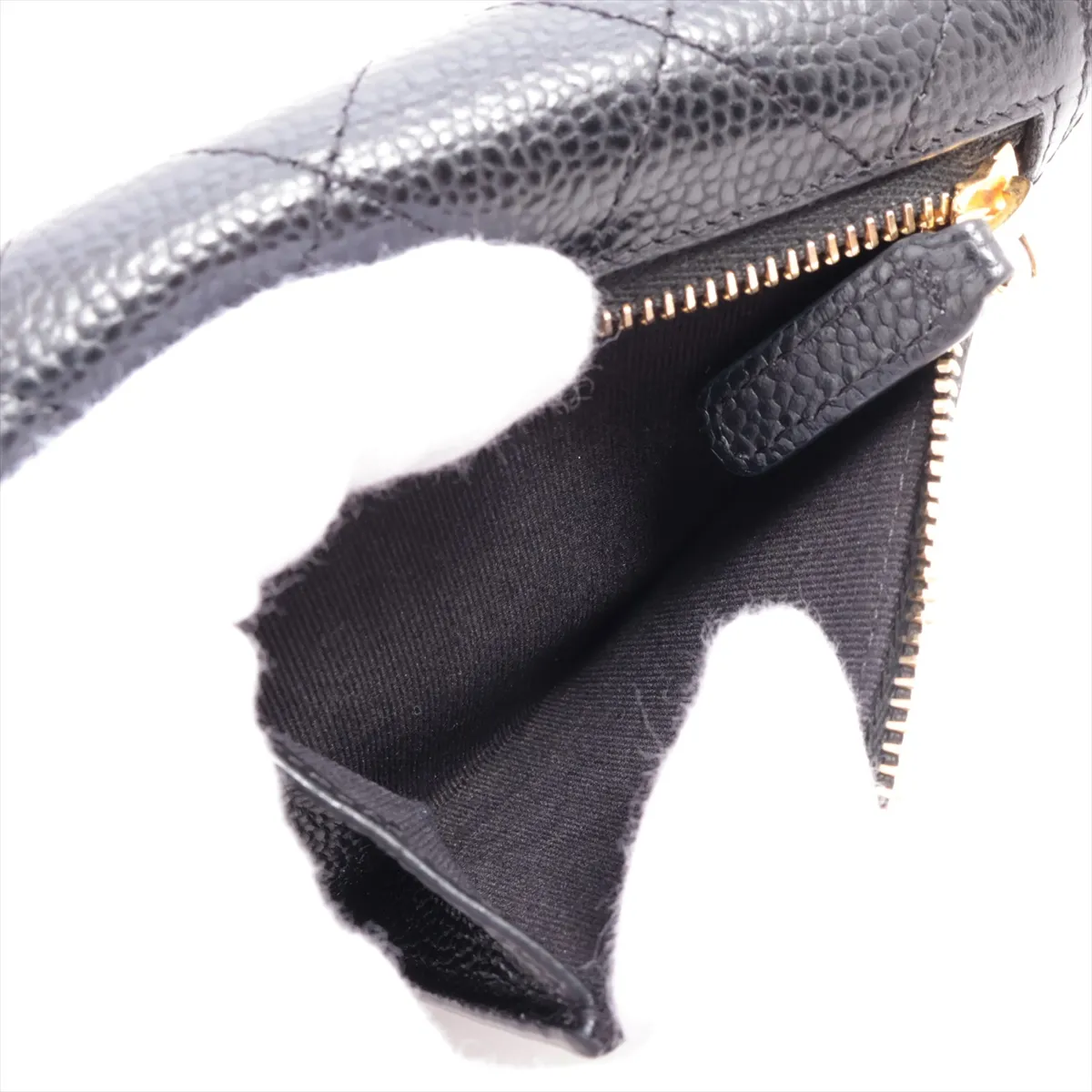 Matelassé Caviar Skin Compact Wallet, Black with Gold Hardware, G92GN851 — view 6