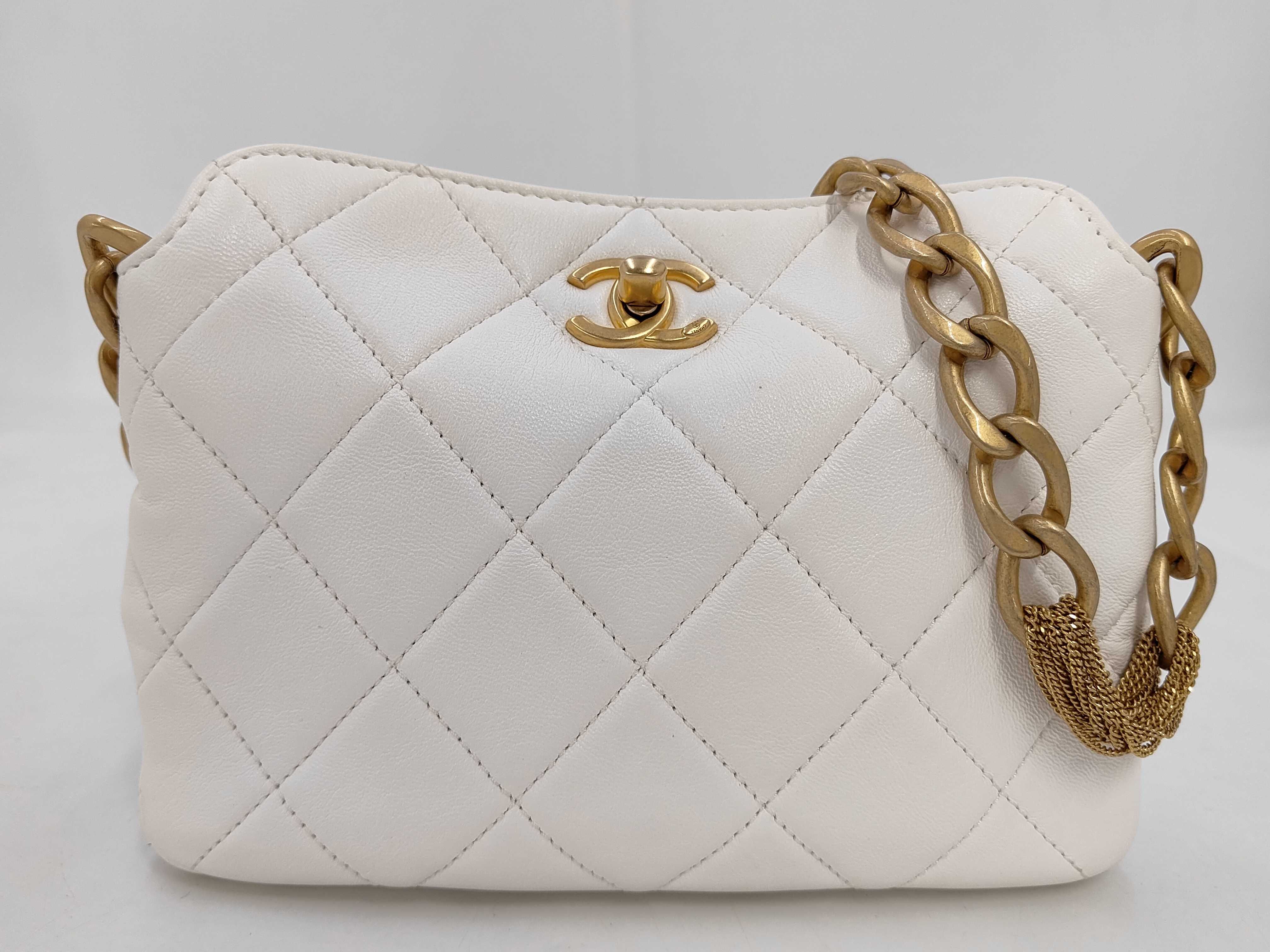 23A Quilted White Fringe Chain Hobo Shoulder Bag with Gold Hardware