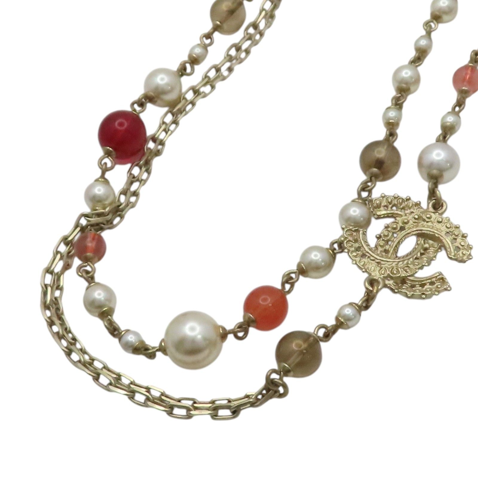 CC Double Glass Pearl and Crystal Chain Long Necklace — view 2
