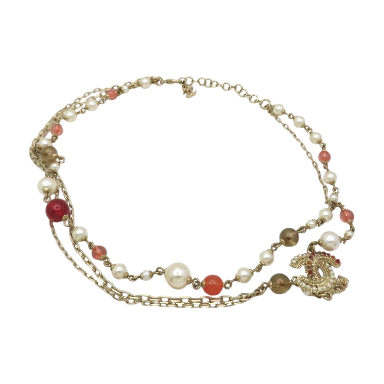 CC Double Glass Pearl and Crystal Chain Long Necklace — view 3