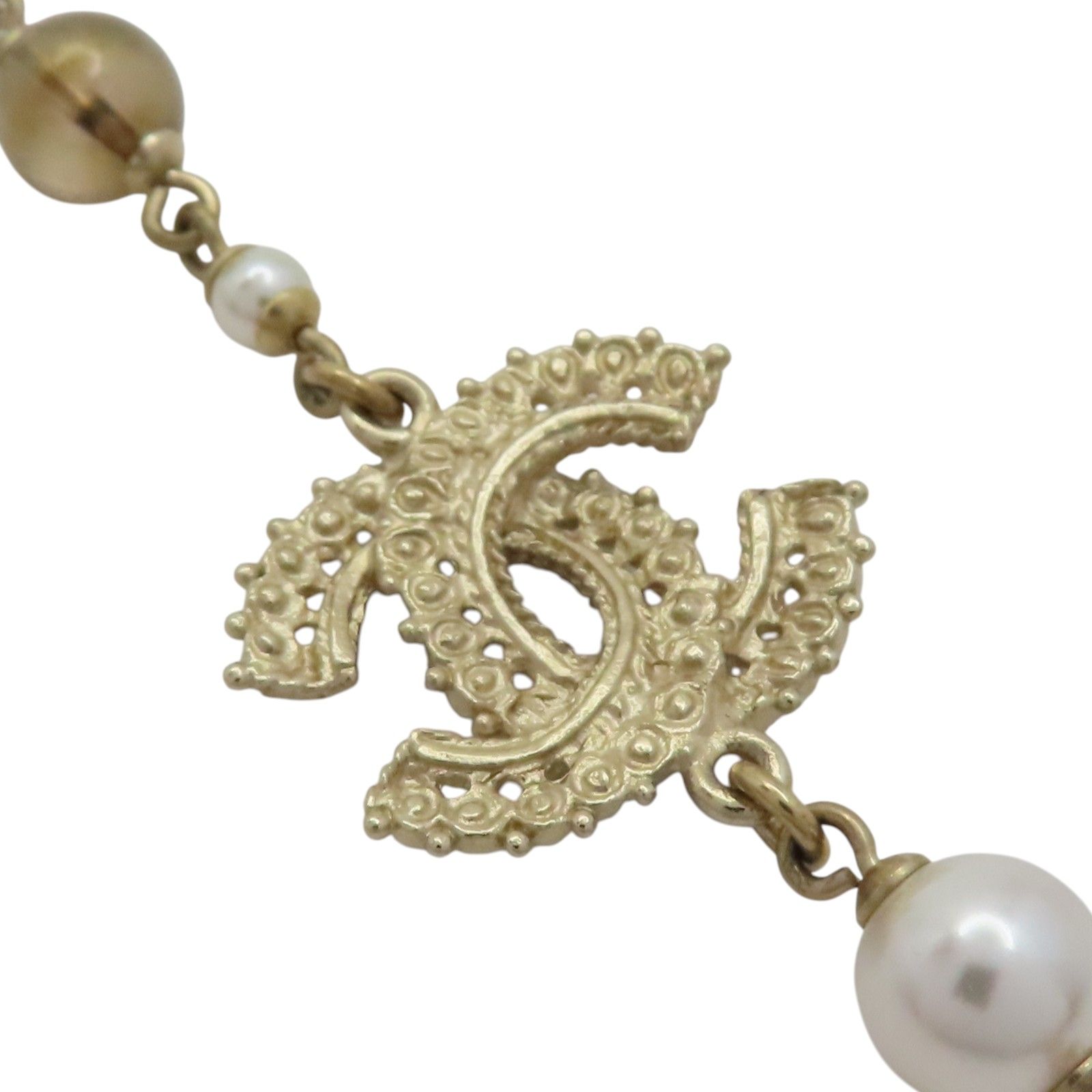 CC Double Glass Pearl and Crystal Chain Long Necklace — view 7
